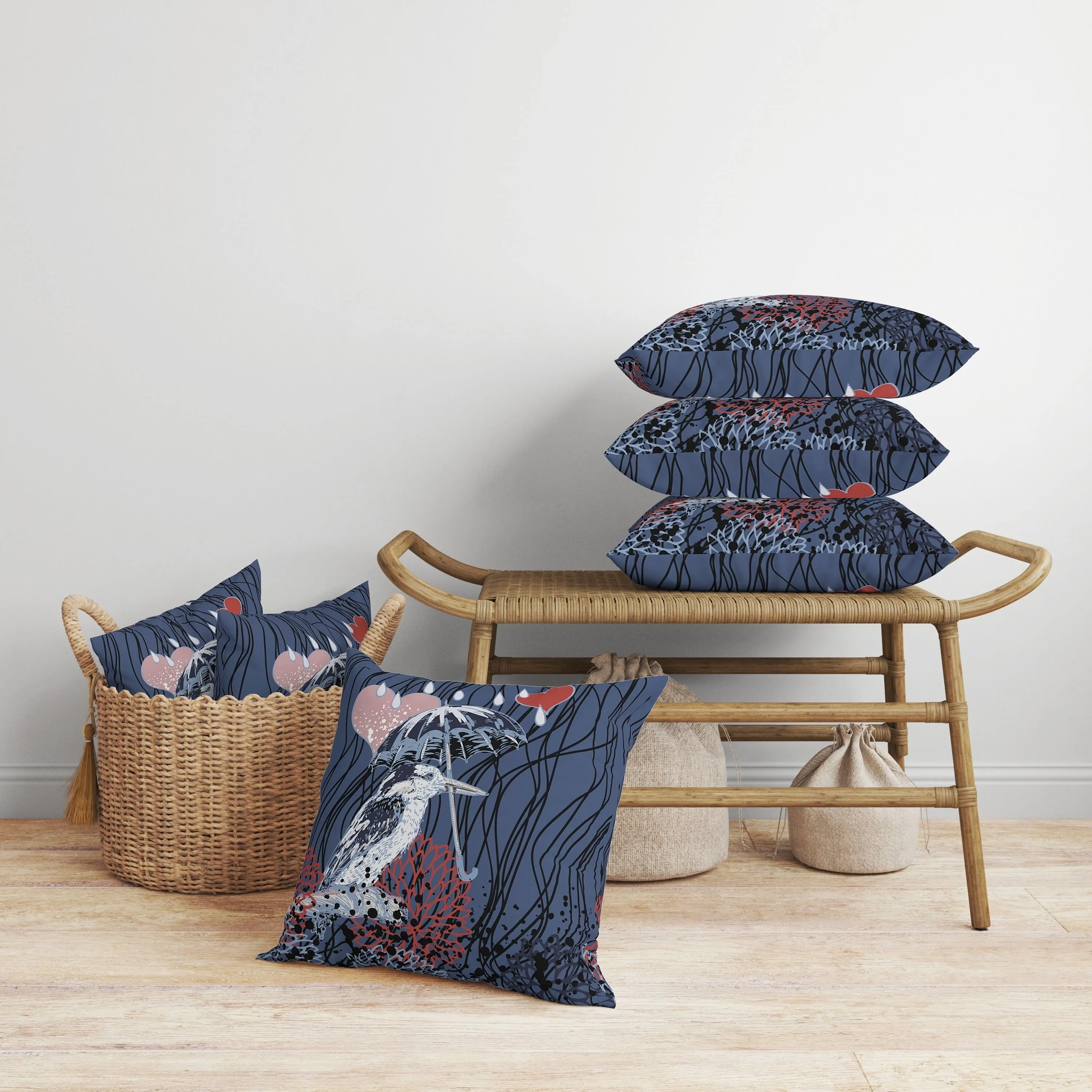 Bird with Umbrella Faux Suede Reversible Throw Pillow Blue and Red