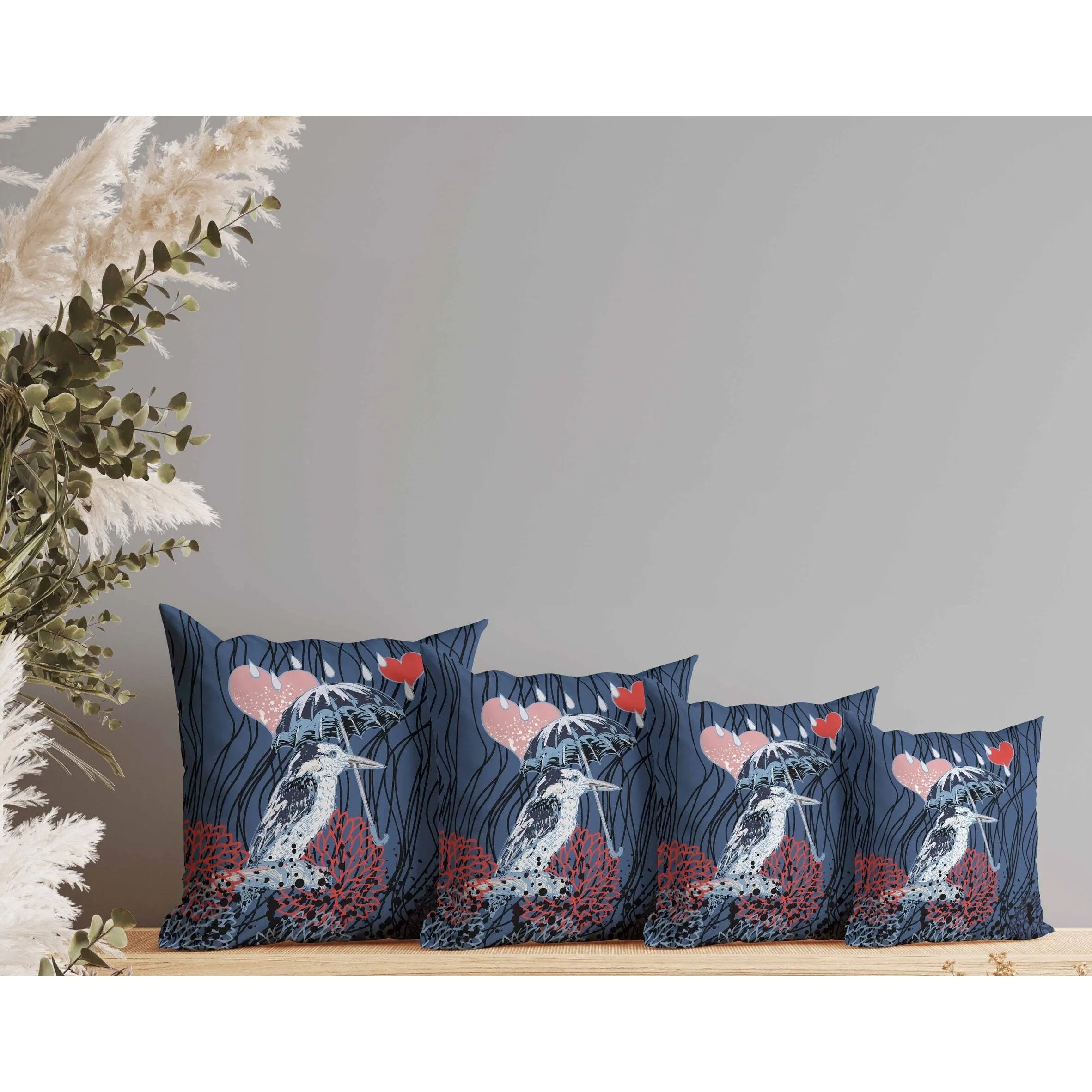 Bird with Umbrella Faux Suede Reversible Throw Pillow Blue and Red