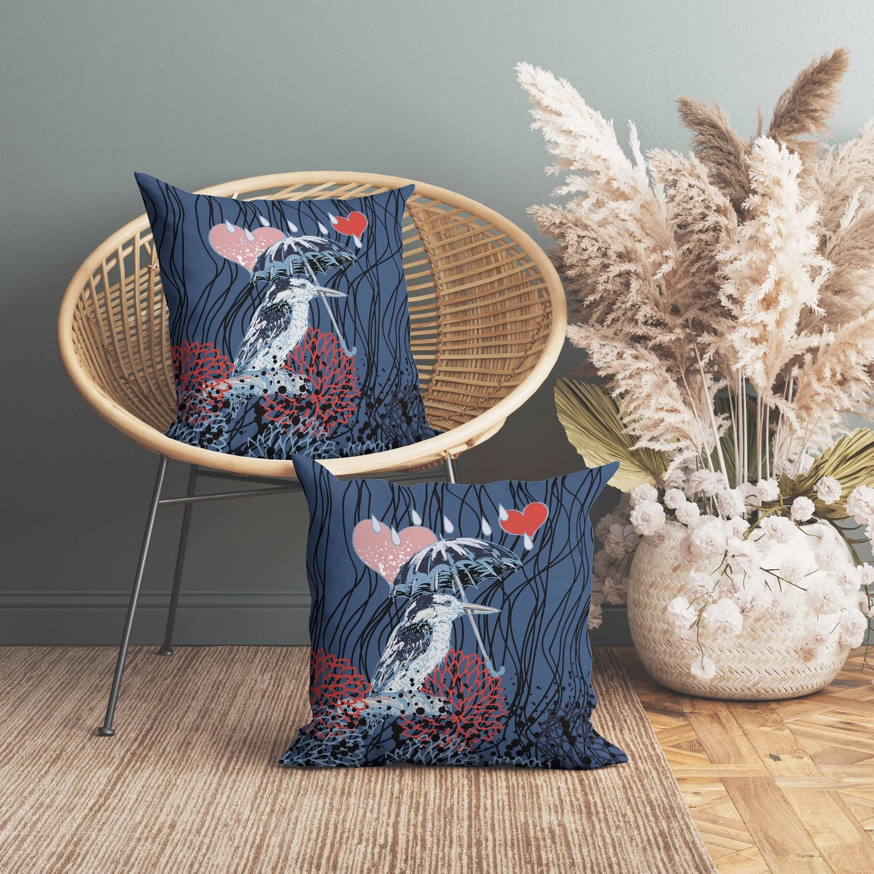 Bird with Umbrella Faux Suede Reversible Throw Pillow Blue and Red