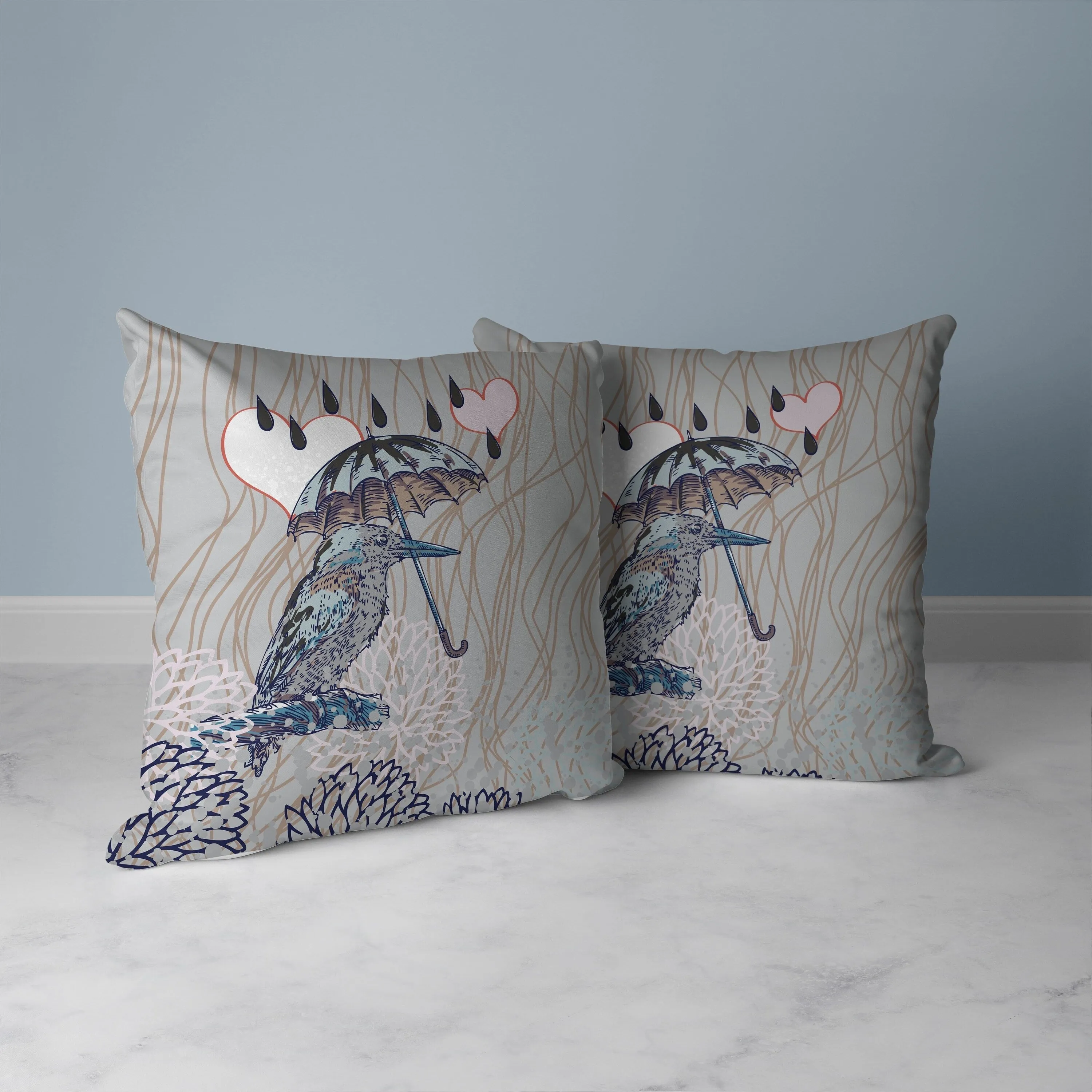Bird with Umbrella Faux Suede Reversible Throw Pillow Silver and Brown