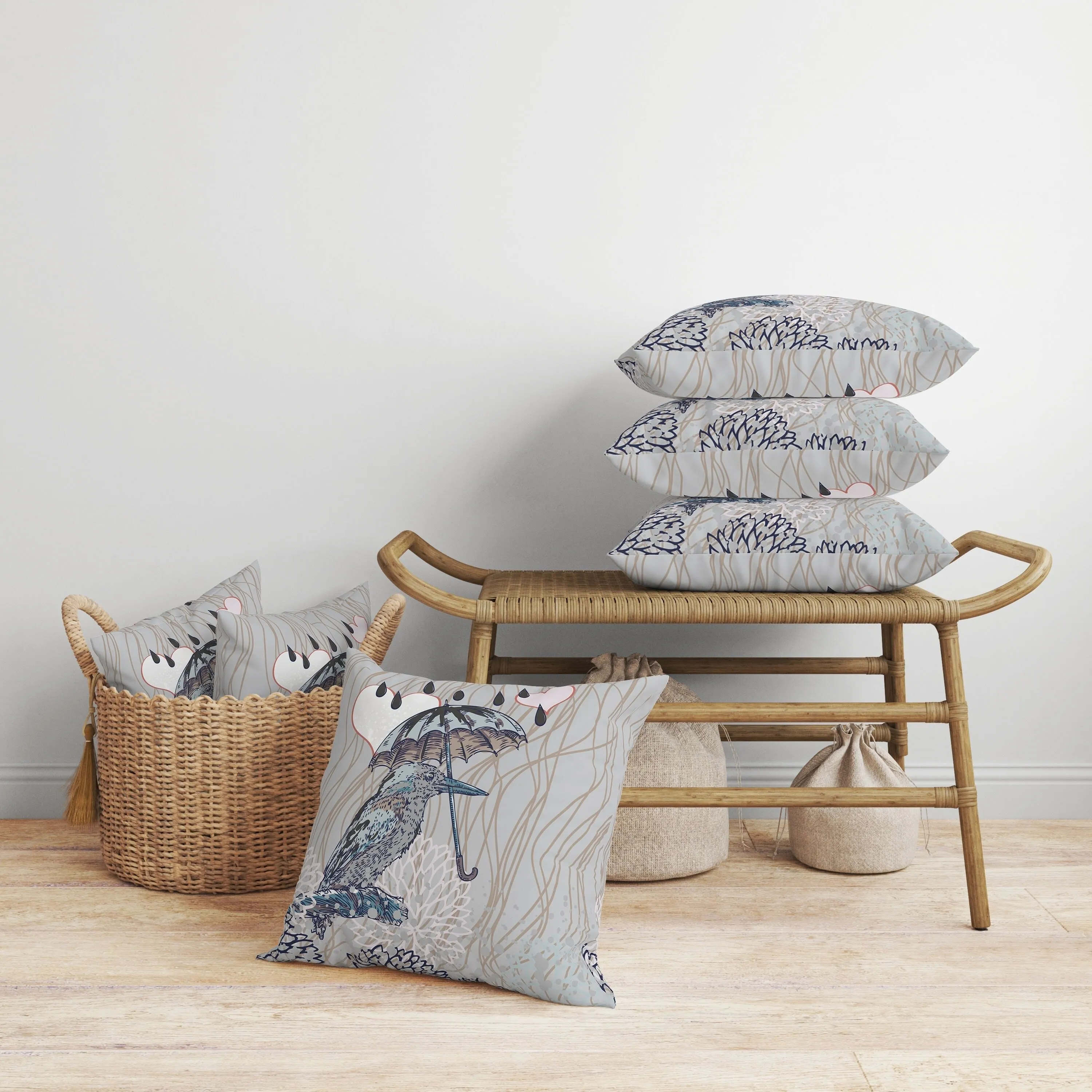 Bird with Umbrella Faux Suede Reversible Throw Pillow Silver and Brown