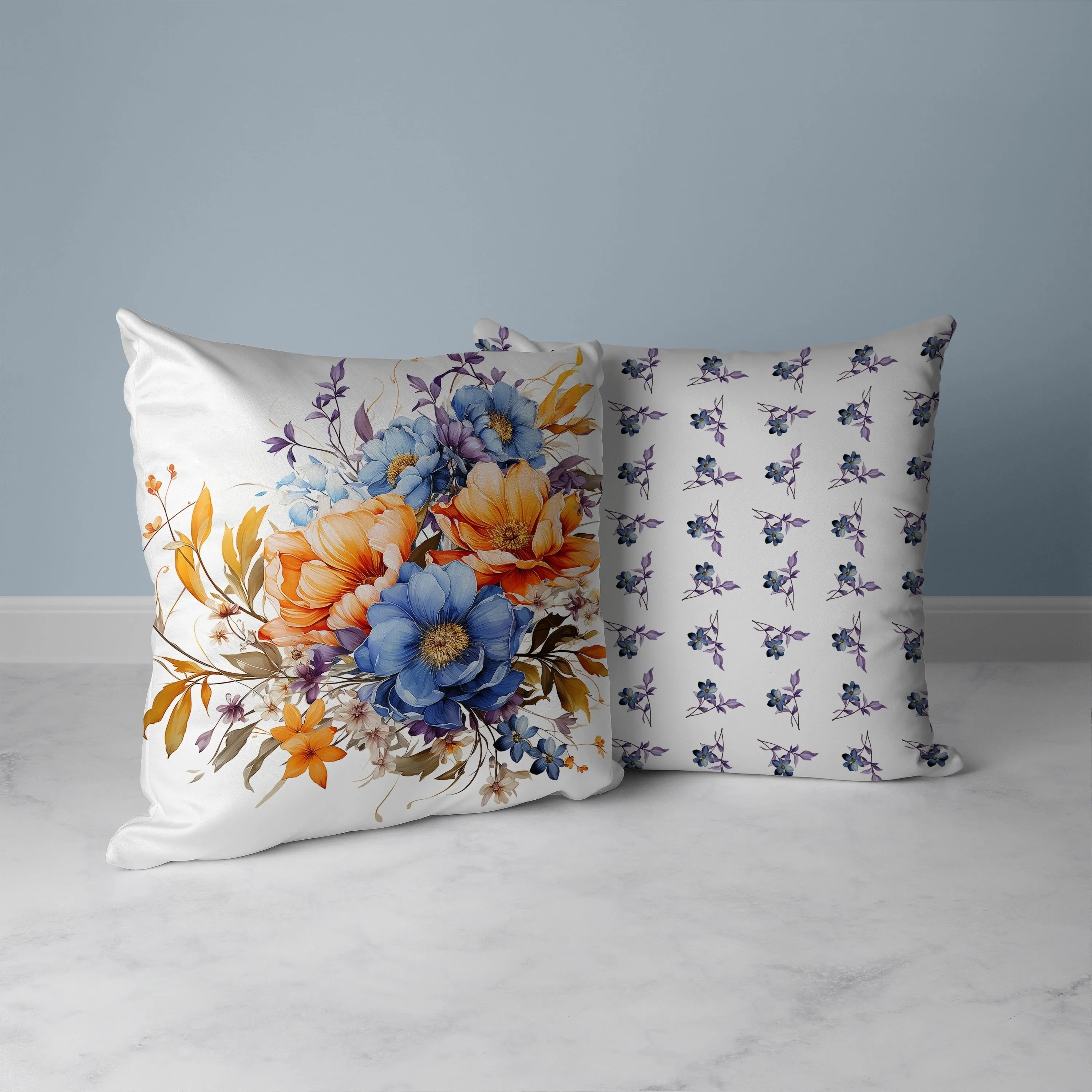 Blossom Burst Faux Suede Reversible Throw Pillow Blue and Orange