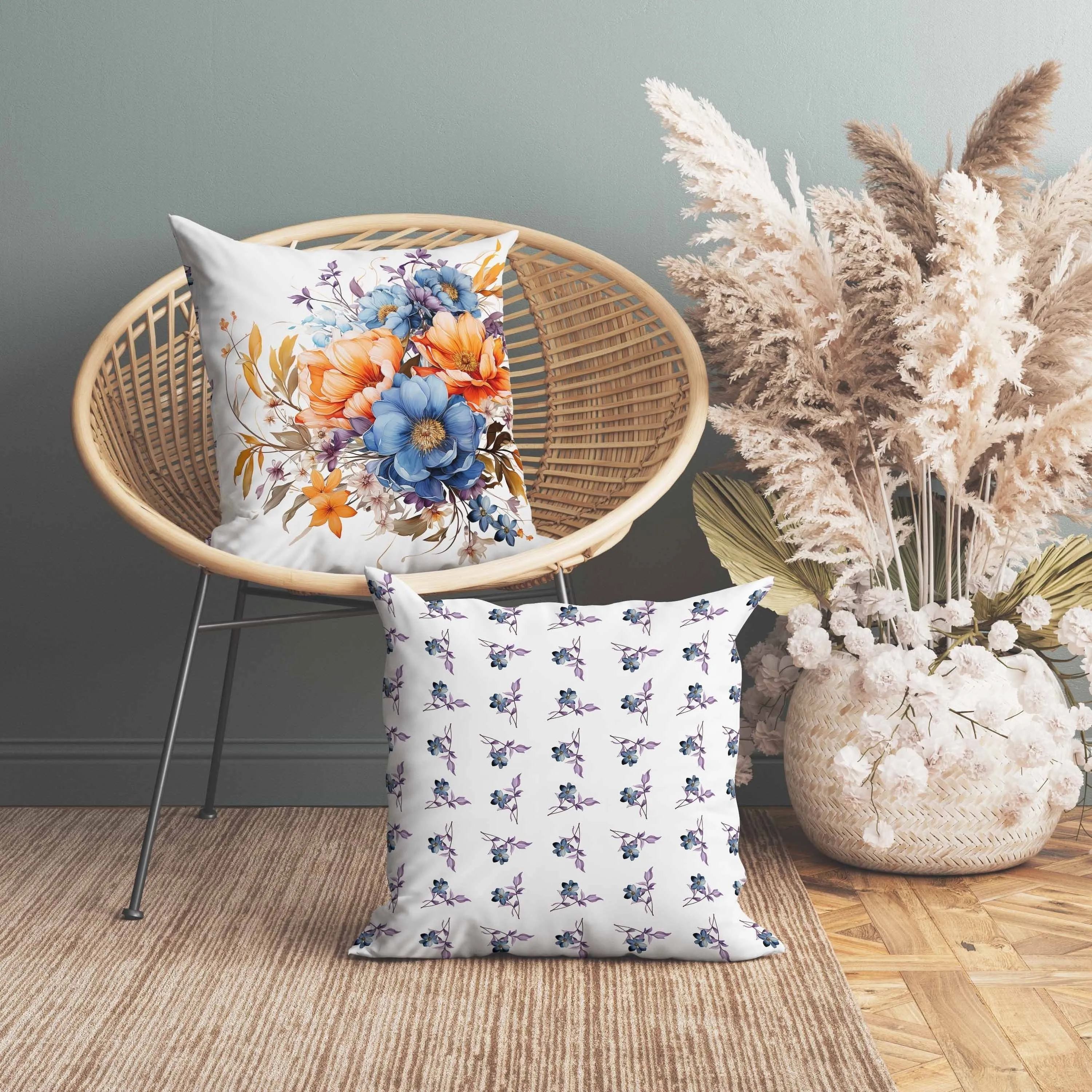 Blossom Burst Faux Suede Reversible Throw Pillow Blue and Orange