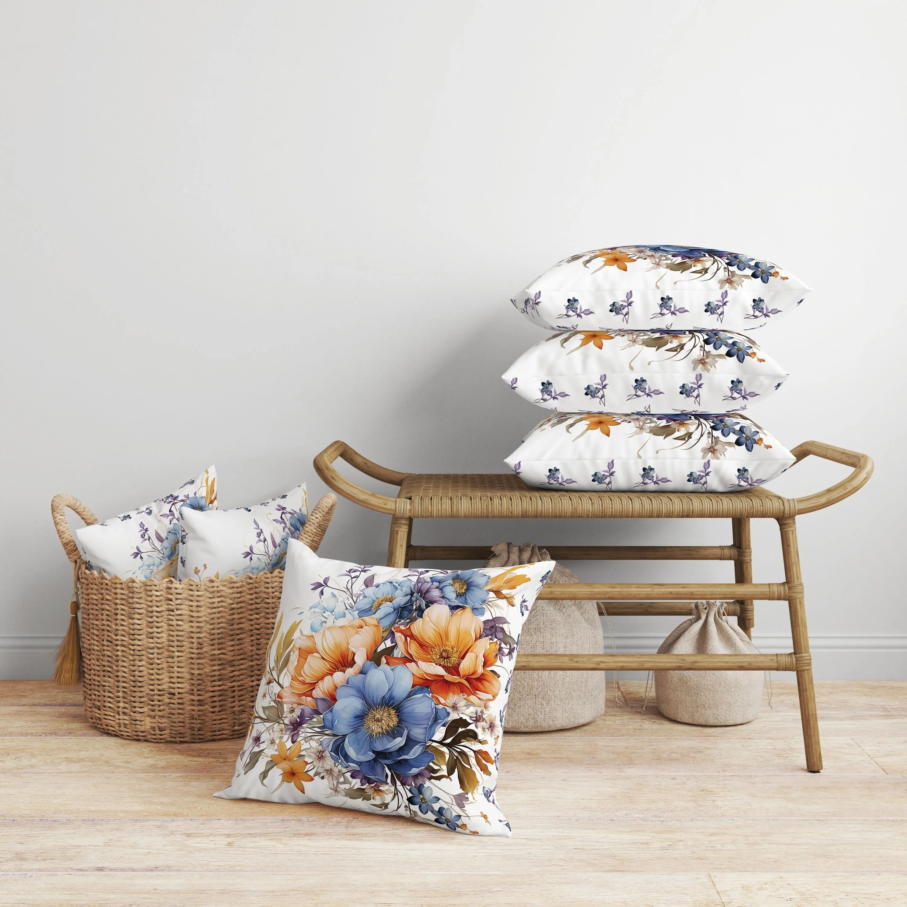 Blossom Burst Faux Suede Reversible Throw Pillow Blue and Orange