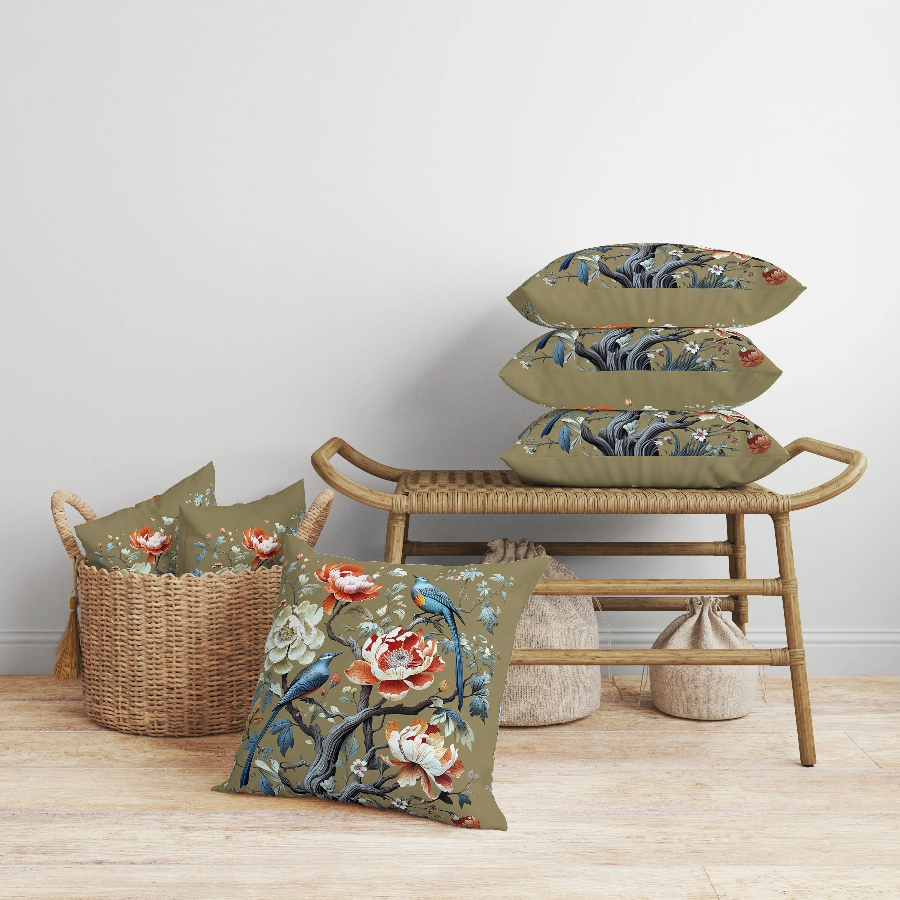 Botanical Bird Ensemble Faux Suede Reversible Throw Pillow Blue and Orange