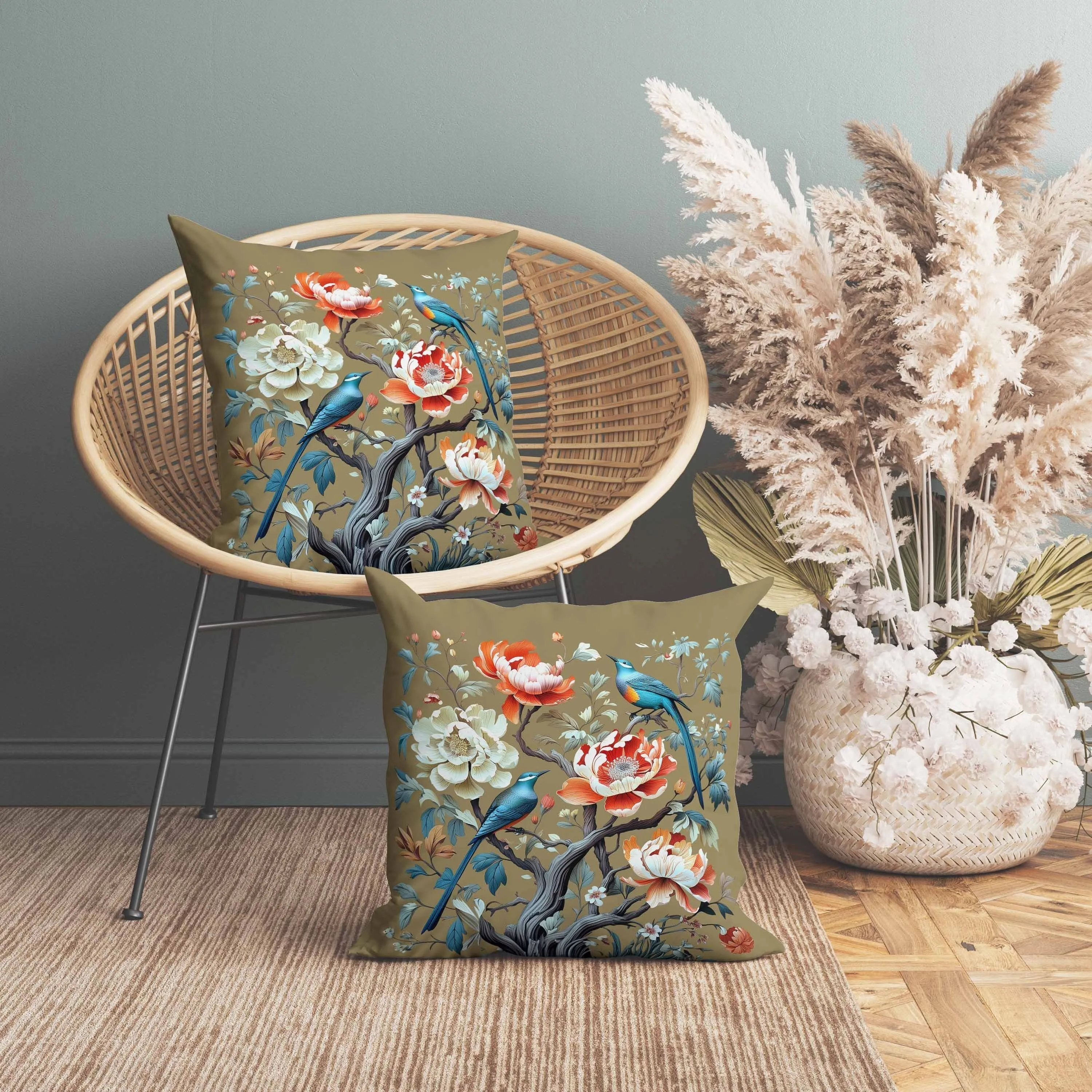 Botanical Bird Ensemble Faux Suede Reversible Throw Pillow Blue and Orange