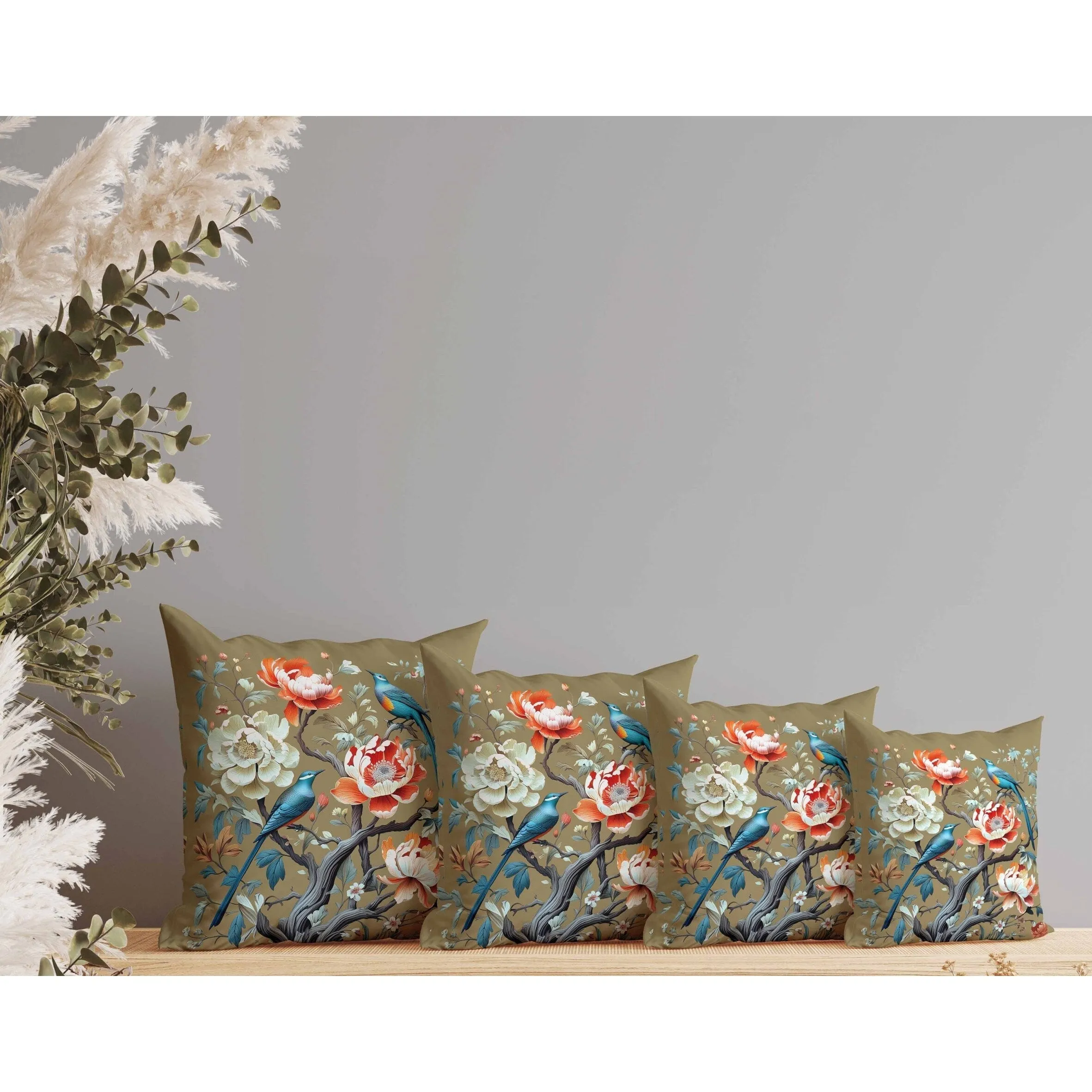 Botanical Bird Ensemble Faux Suede Reversible Throw Pillow Blue and Orange