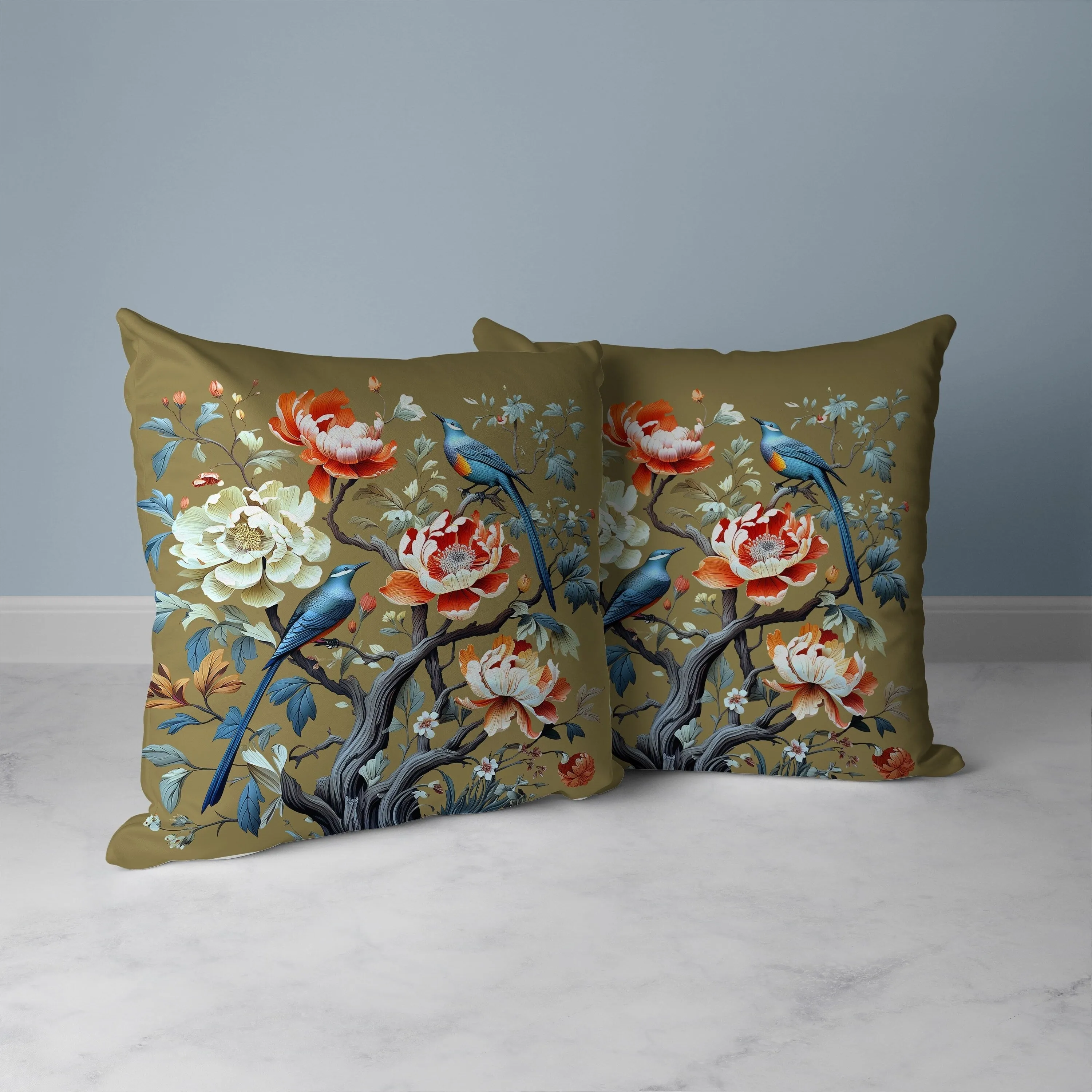 Botanical Bird Ensemble Faux Suede Reversible Throw Pillow Blue and Orange