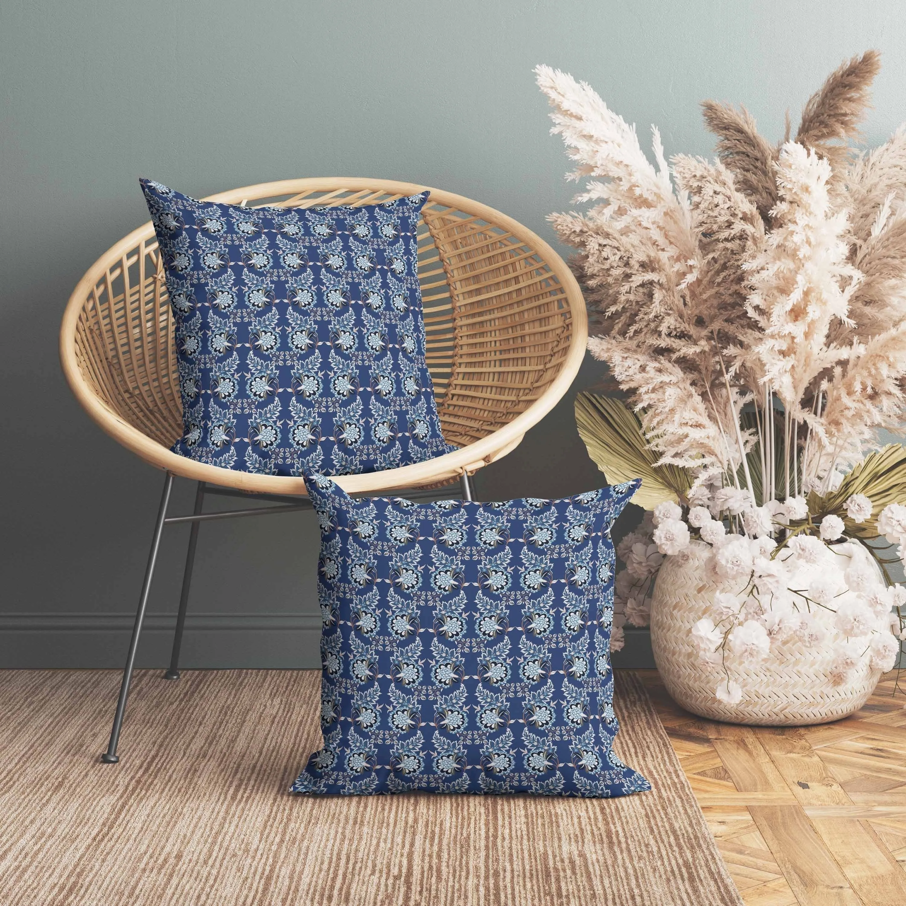 Botanical Bouquet Faux Suede Reversible Throw Pillow Blue and Silver