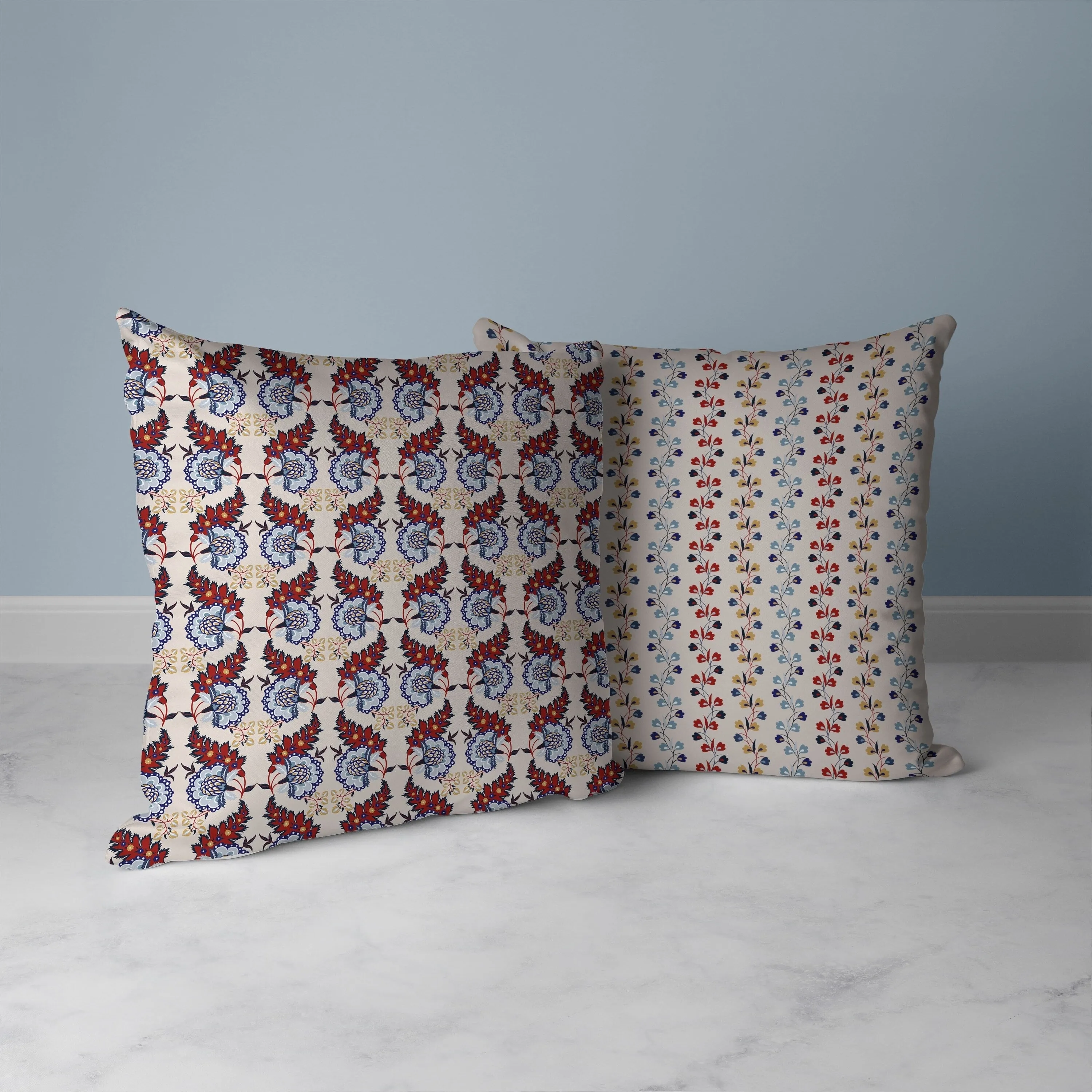 Botanical Bouquet Faux Suede Reversible Throw Pillow Red and Blue