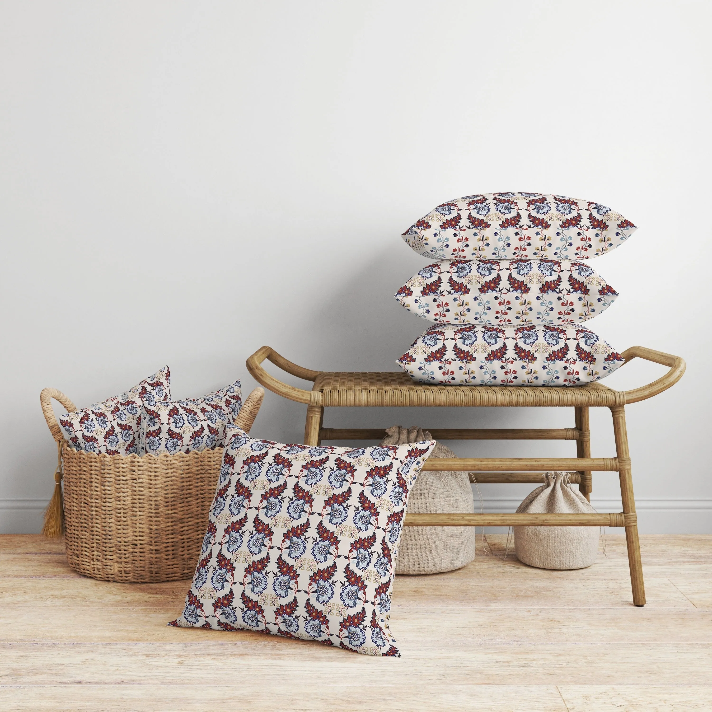 Botanical Bouquet Faux Suede Reversible Throw Pillow Red and Blue