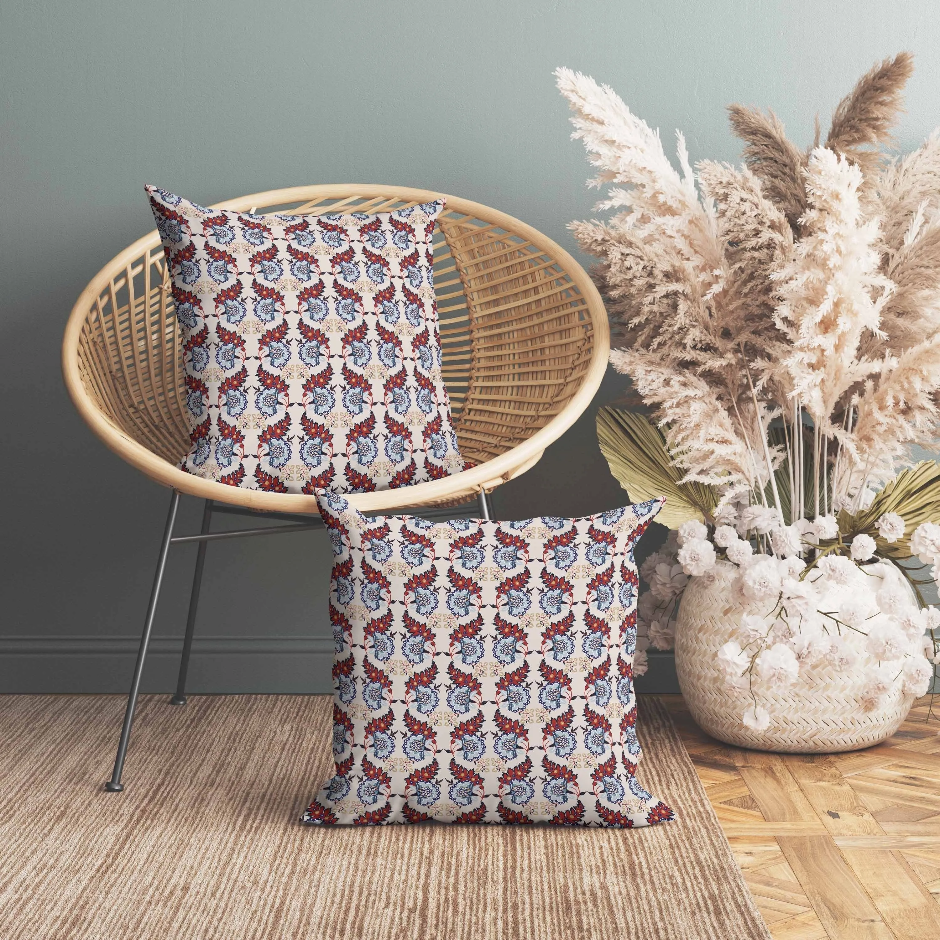 Botanical Bouquet Faux Suede Reversible Throw Pillow Red and Blue