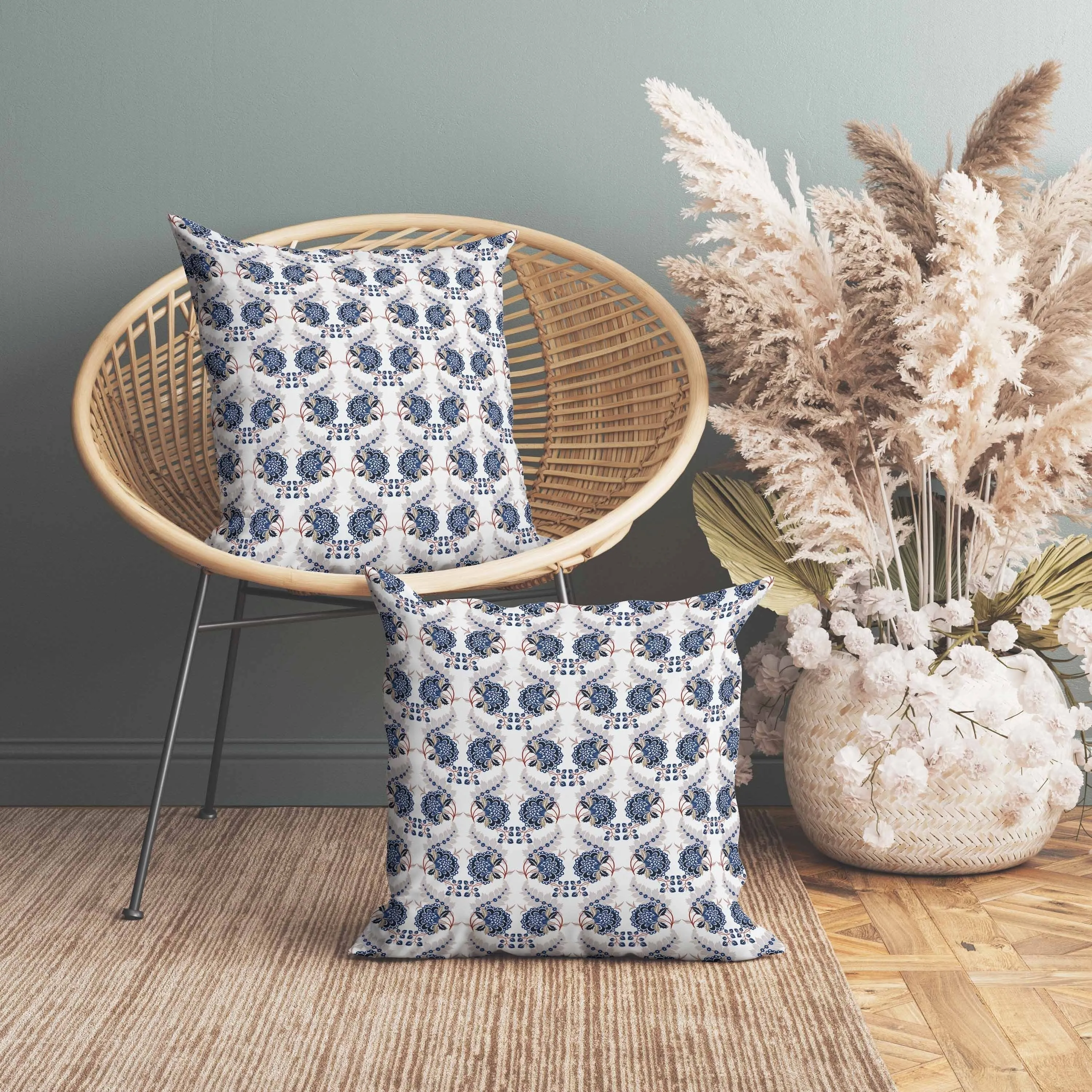Botanical Bouquet Indoor/Outdoor Reversible Throw Pillow White and Blue