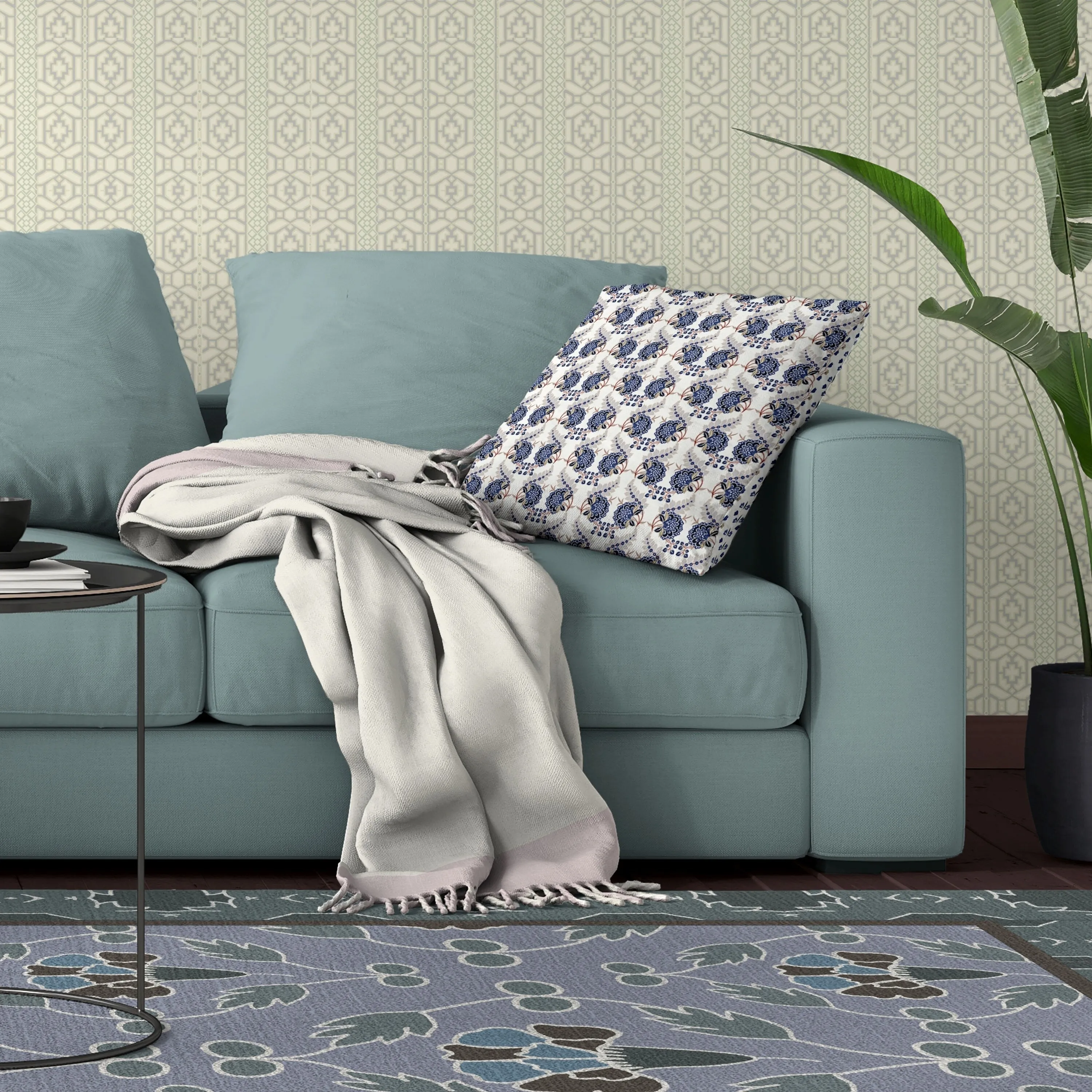 Botanical Bouquet Indoor/Outdoor Reversible Throw Pillow White and Blue