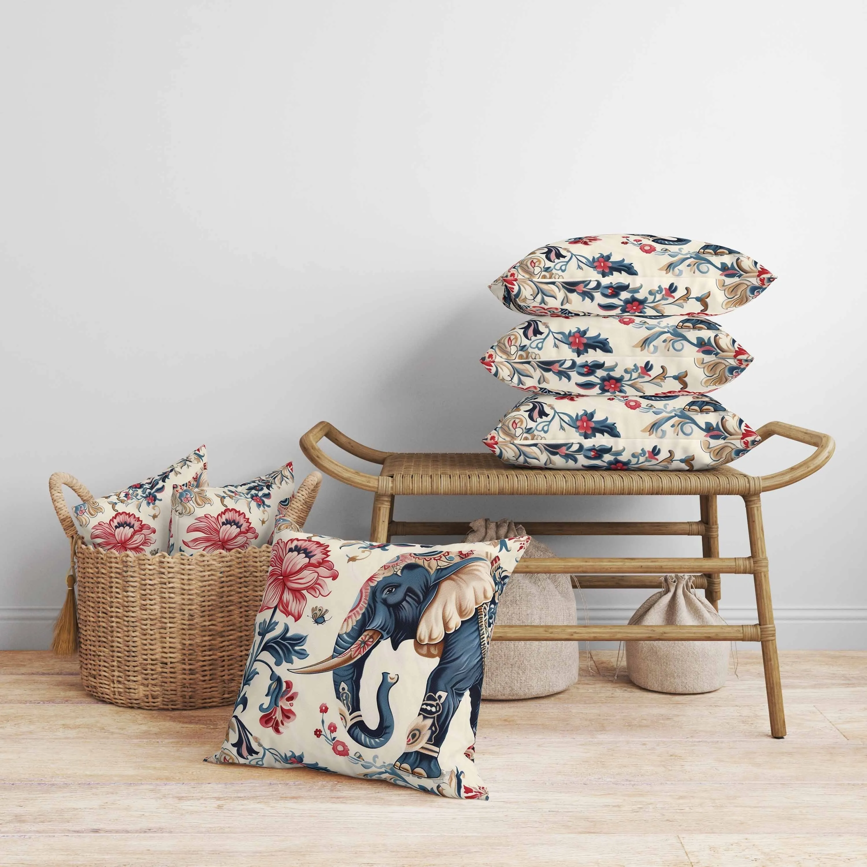 Botanical Elephant Faux Suede Reversible Throw Pillow Blue and Red