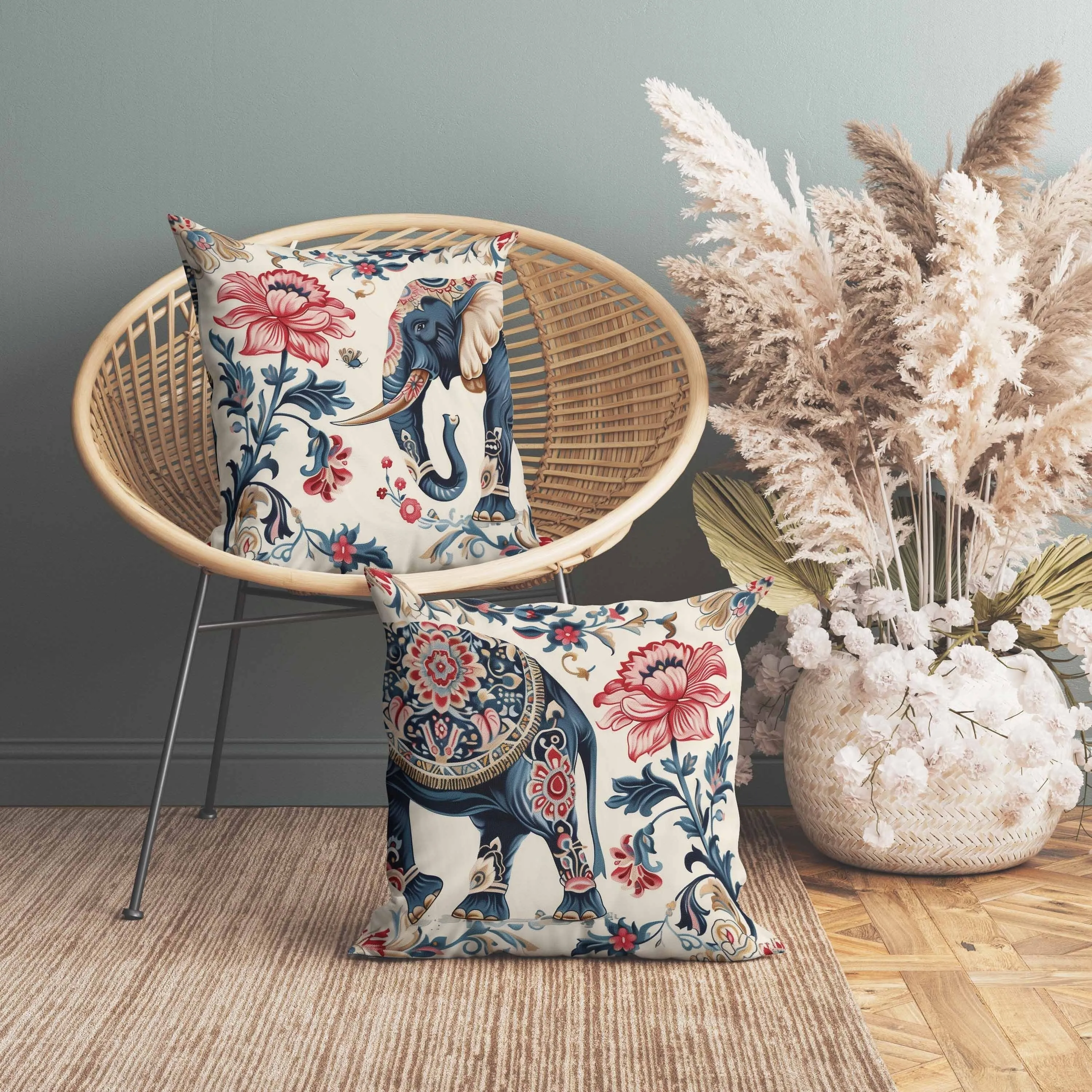 Botanical Elephant Faux Suede Reversible Throw Pillow Blue and Red