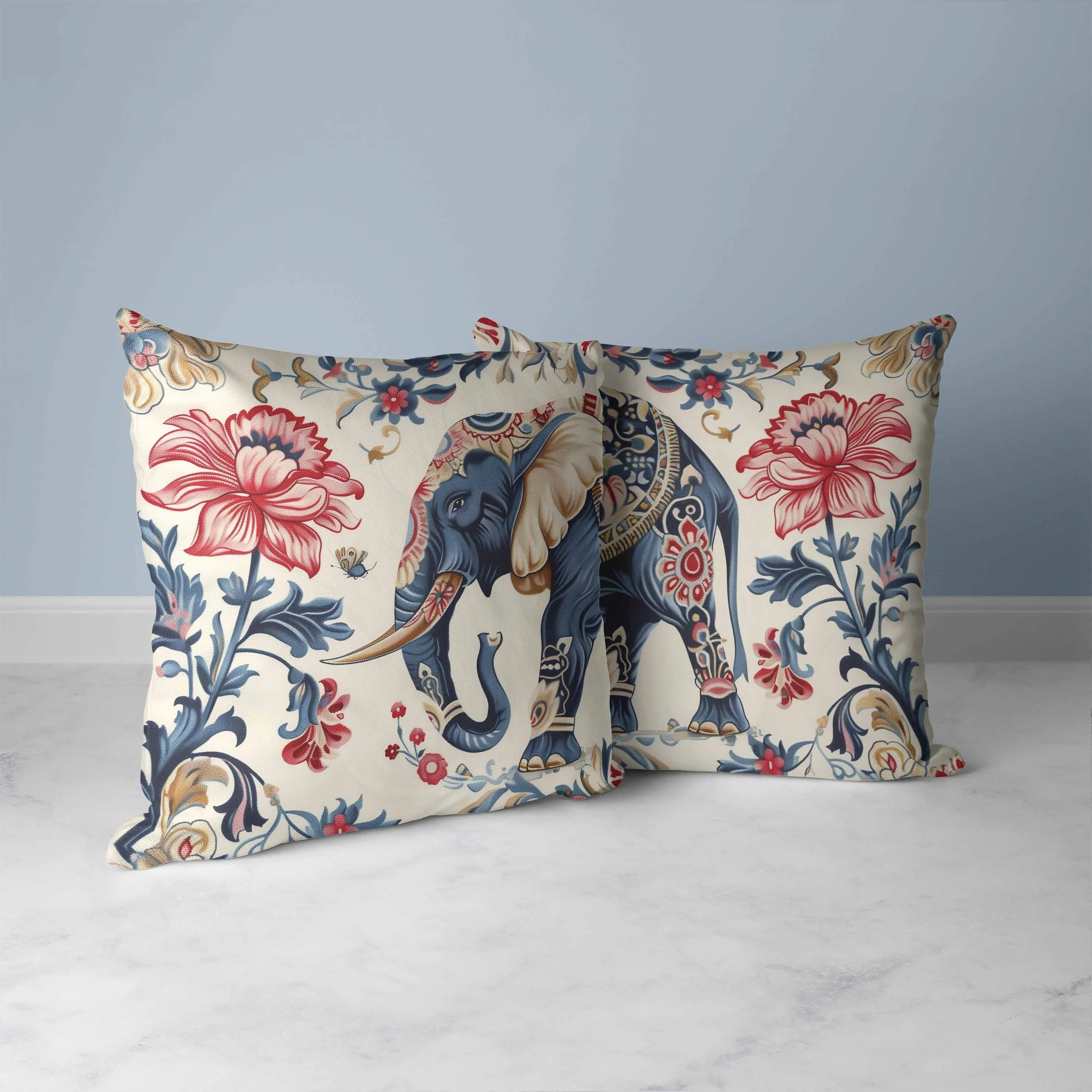 Botanical Elephant Faux Suede Reversible Throw Pillow Blue and Red