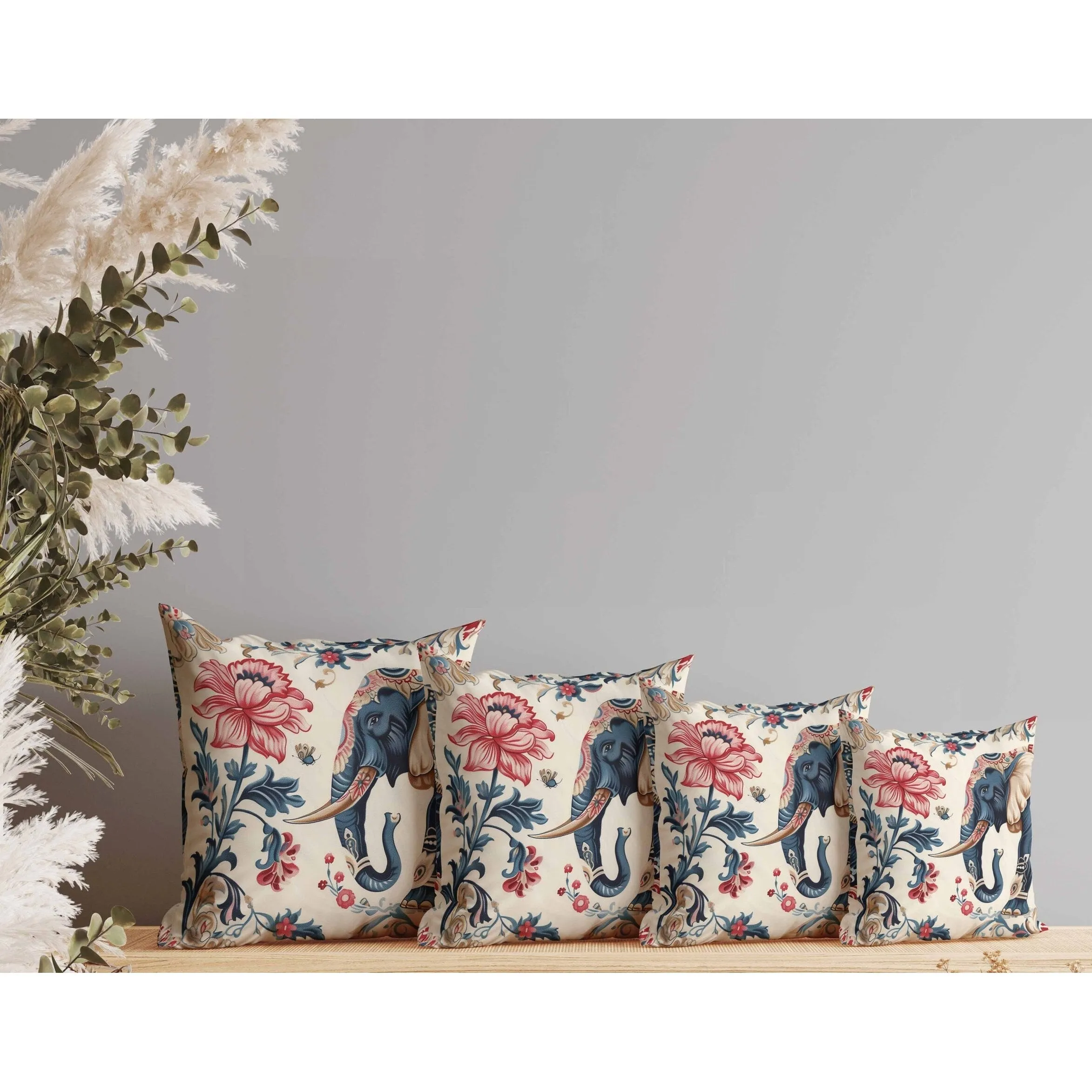 Botanical Elephant Faux Suede Reversible Throw Pillow Blue and Red