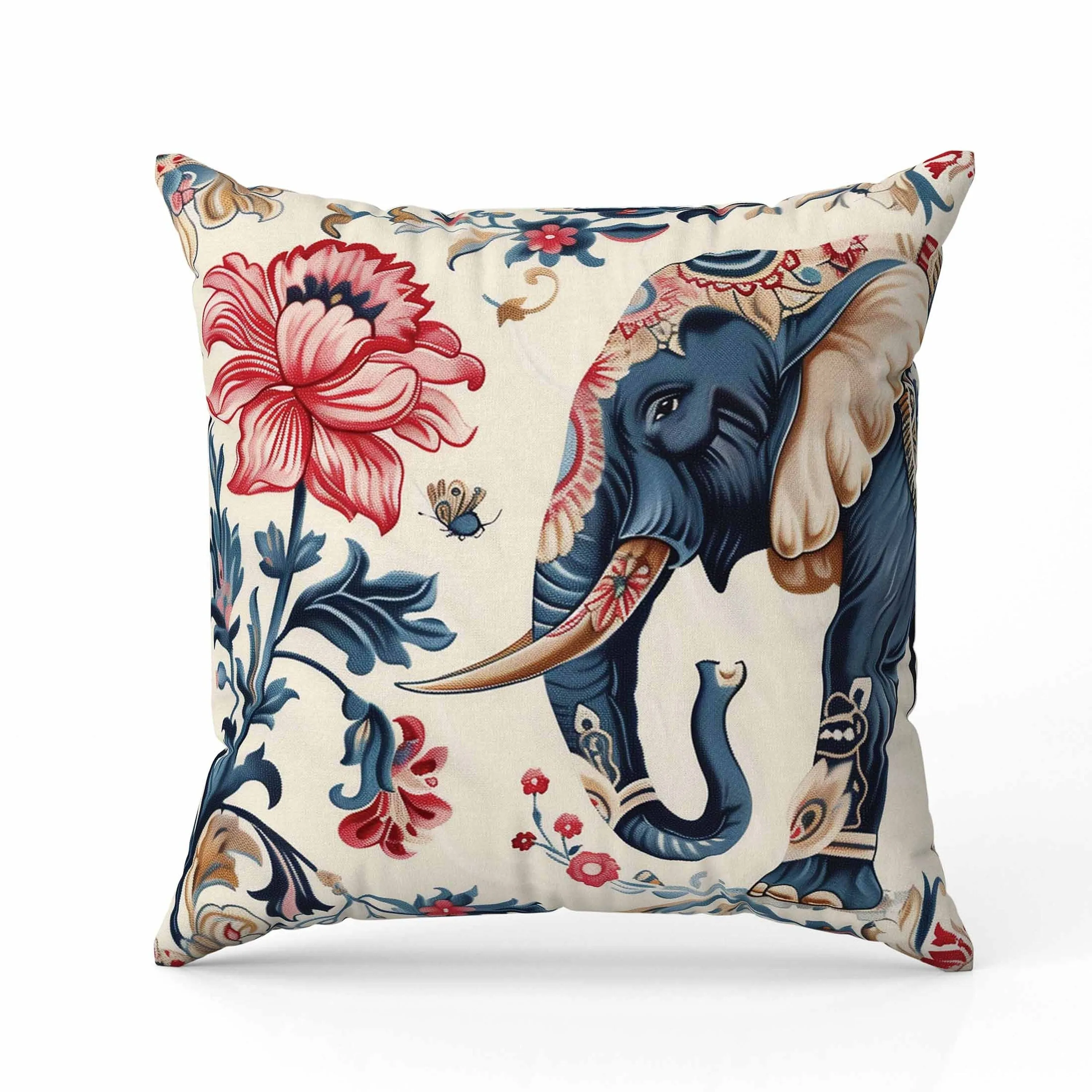 Botanical Elephant Faux Suede Reversible Throw Pillow Blue and Red
