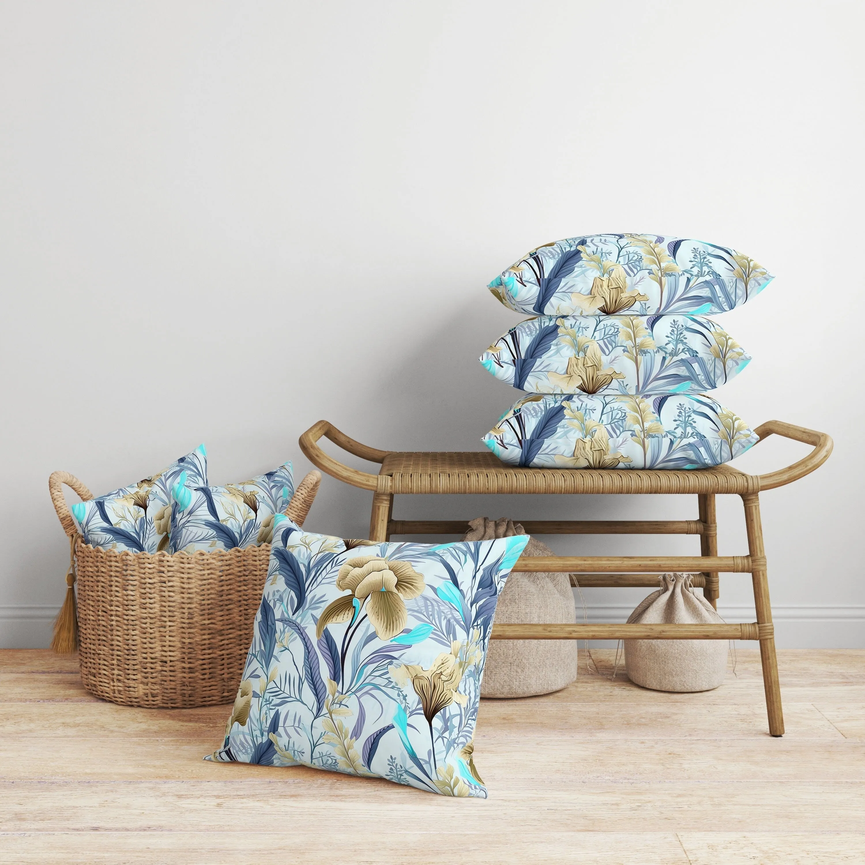Breezy Buds Faux Suede Reversible Throw Pillow Blue and Beige