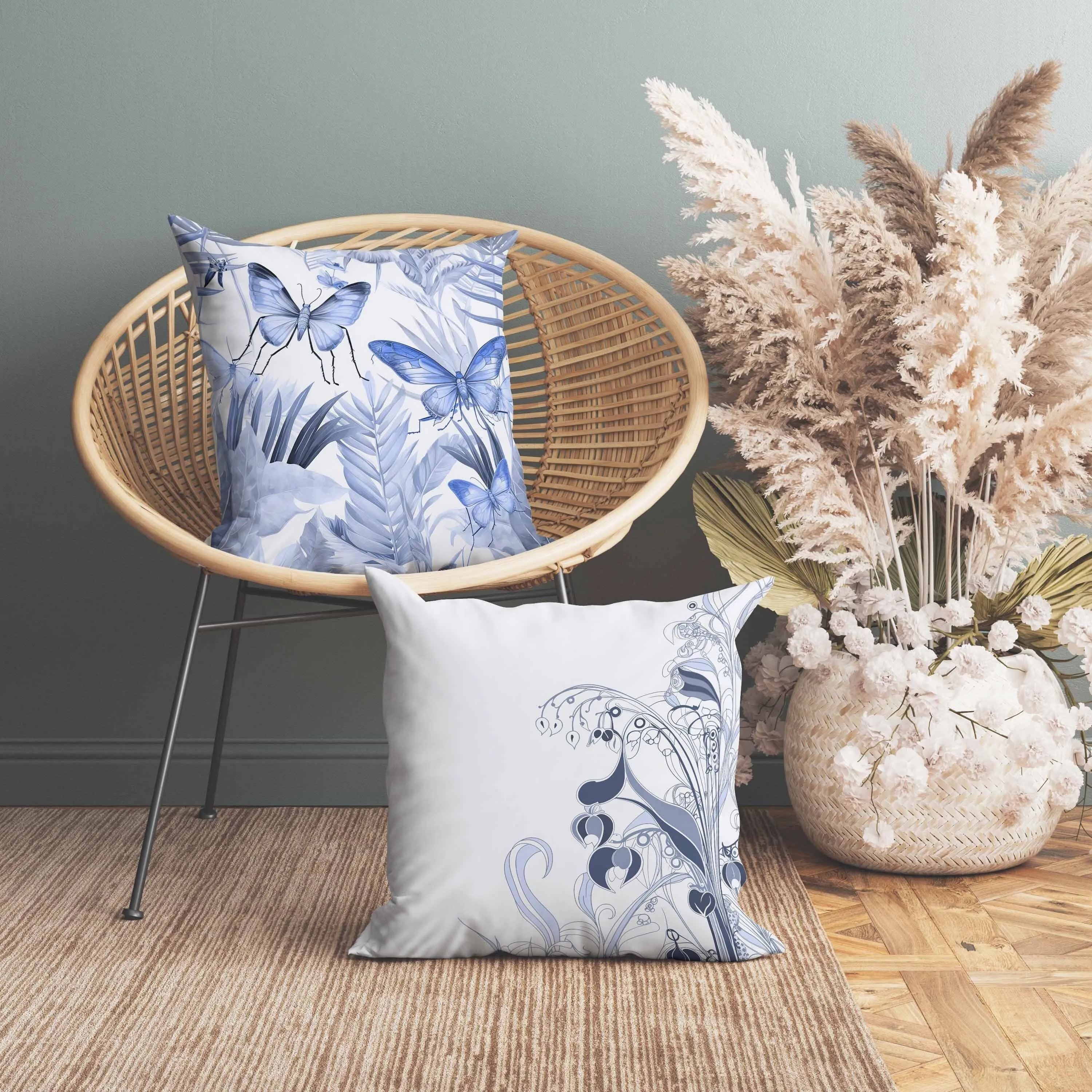 Butterfly Dreams Faux Suede Reversible Throw Pillow Blue and White