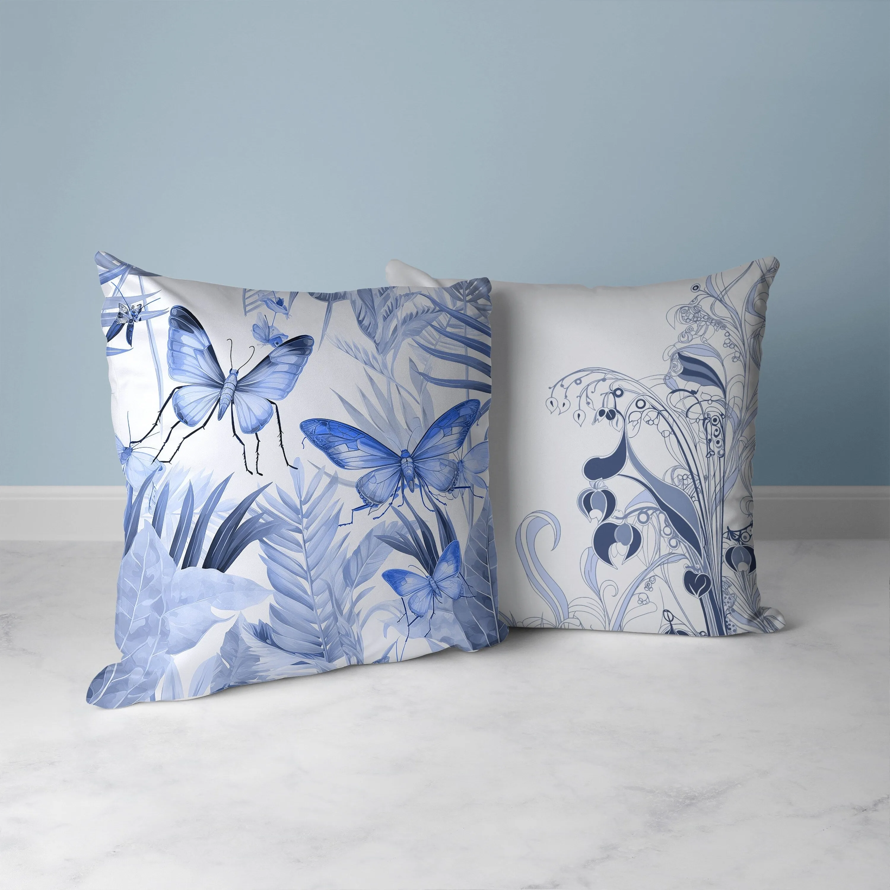 Butterfly Dreams Faux Suede Reversible Throw Pillow Blue and White