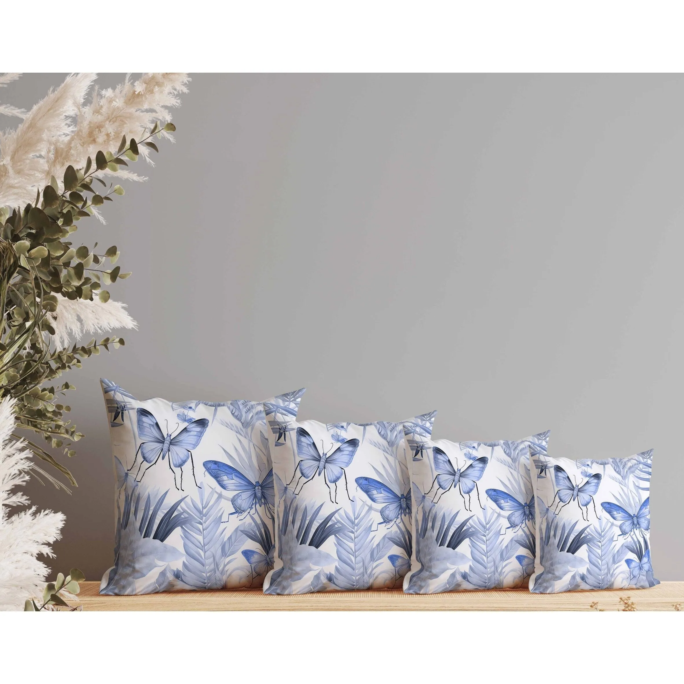 Butterfly Dreams Faux Suede Reversible Throw Pillow Blue and White