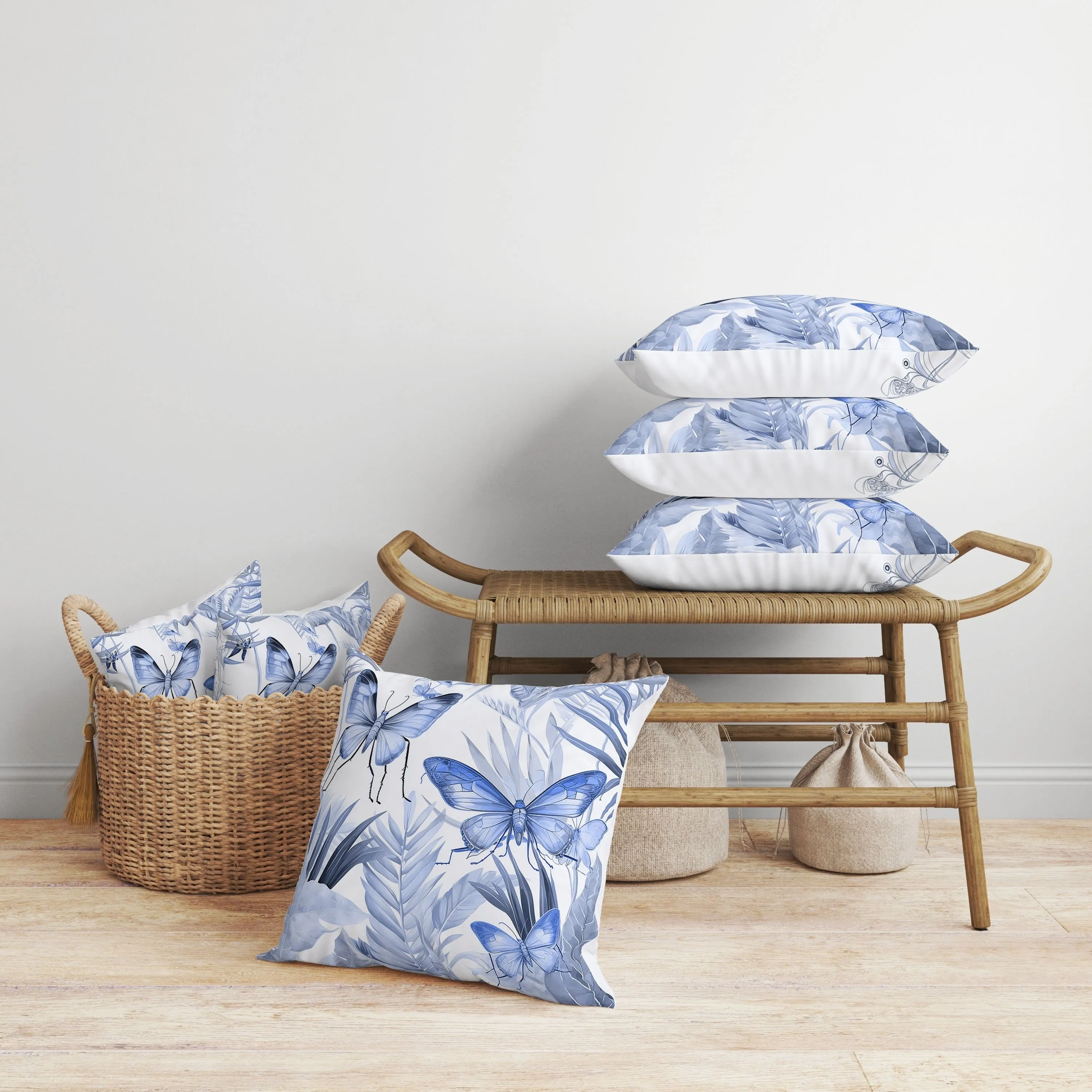 Butterfly Dreams Faux Suede Reversible Throw Pillow Blue and White