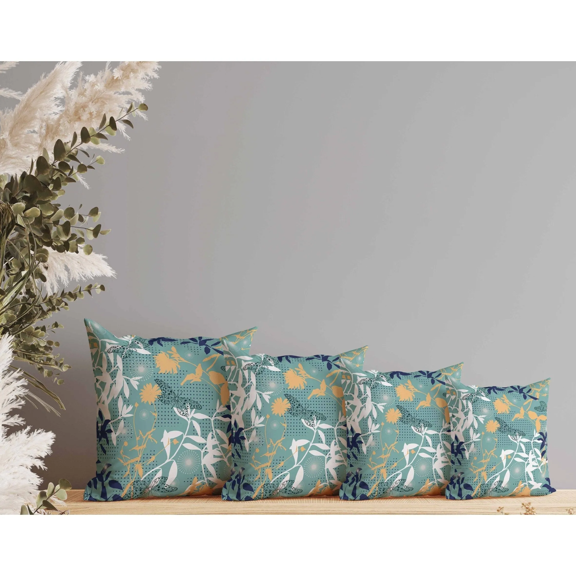 Butterfly Floral Orbit Faux Suede Reversible Throw Pillow Blue and Cyan