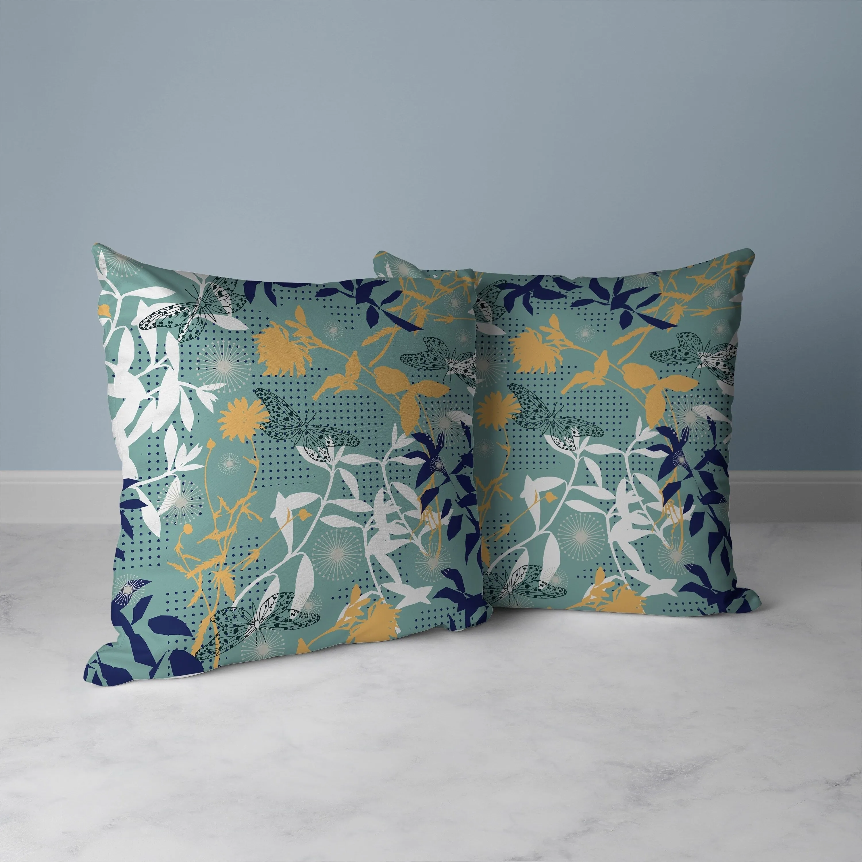 Butterfly Floral Orbit Faux Suede Reversible Throw Pillow Blue and Cyan