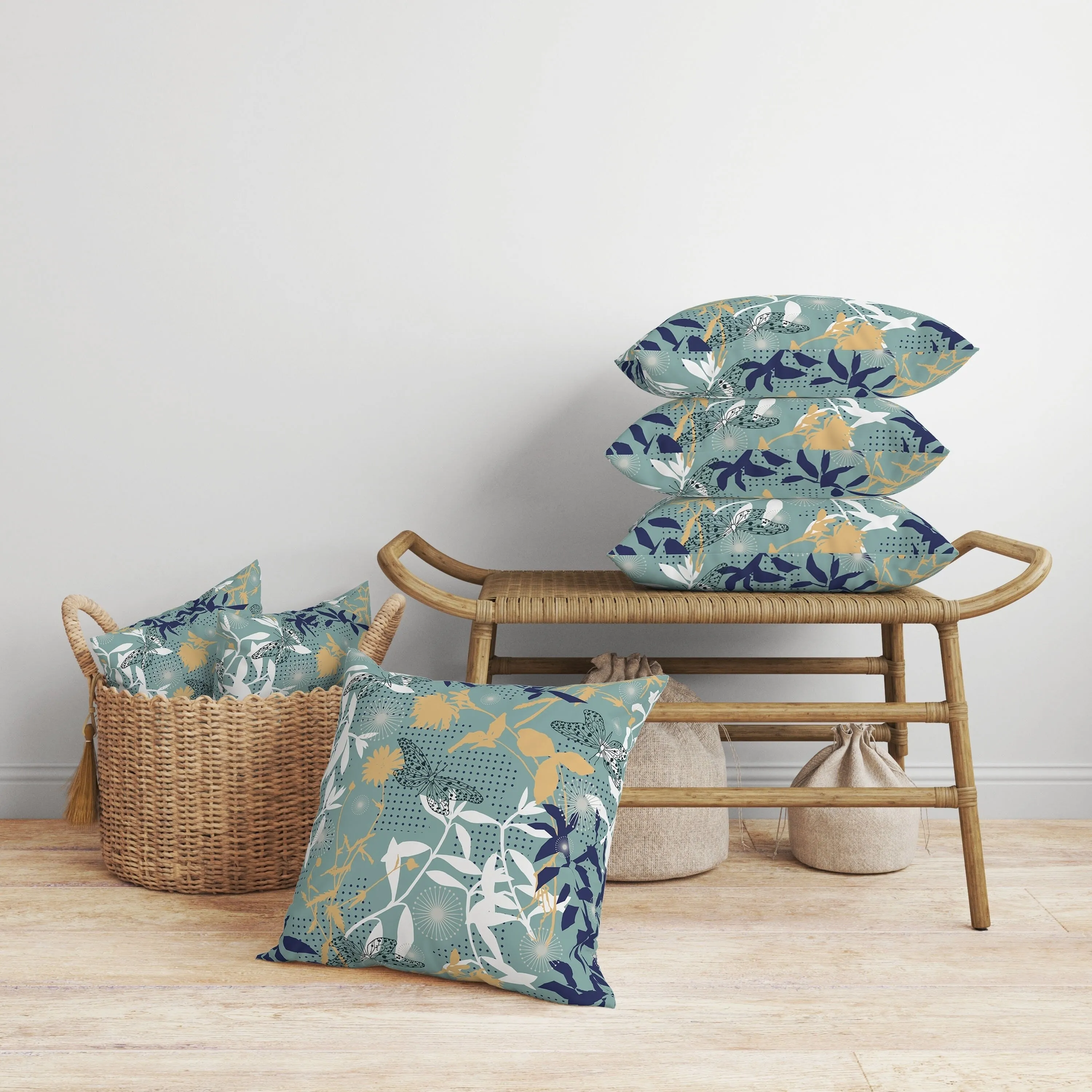 Butterfly Floral Orbit Faux Suede Reversible Throw Pillow Blue and Cyan