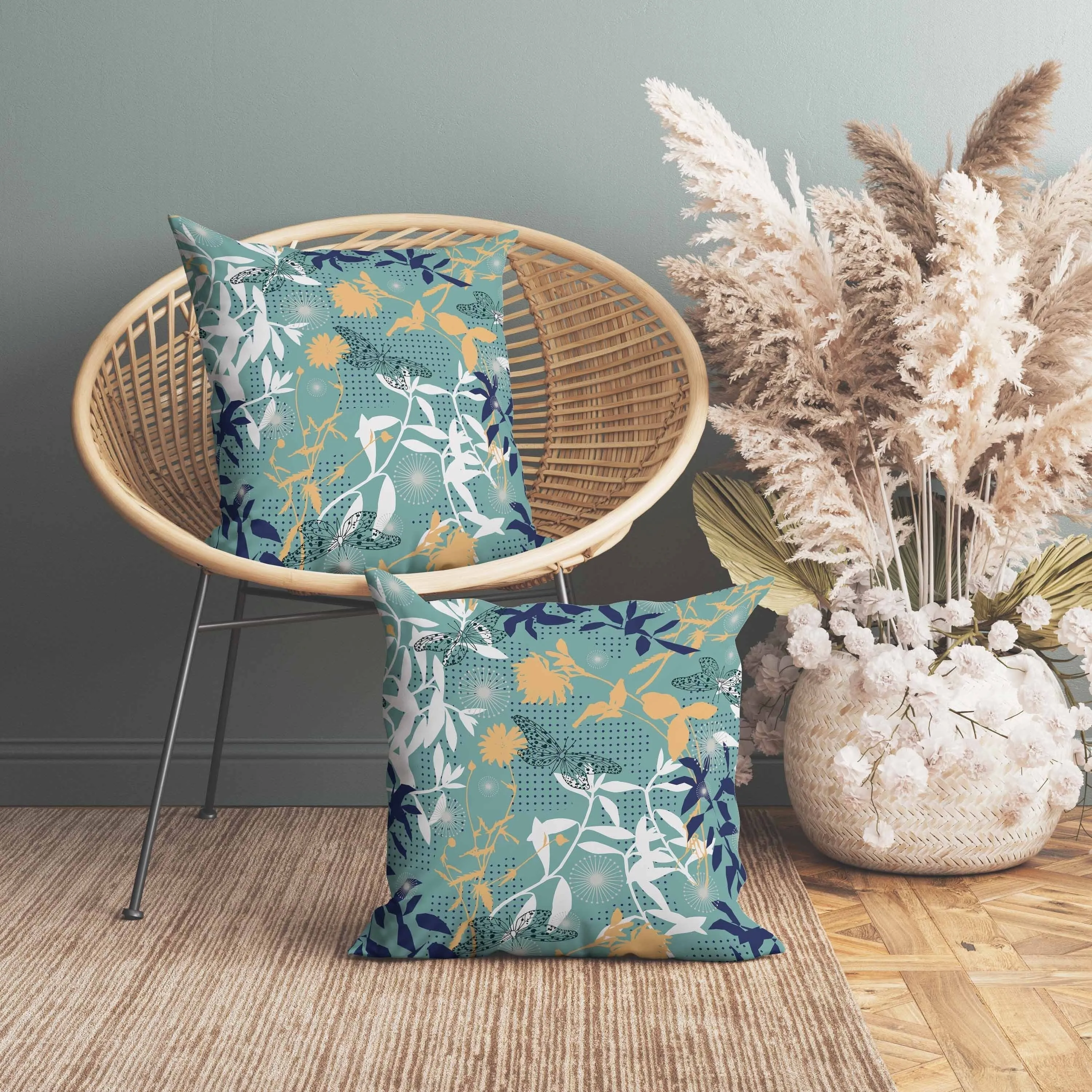Butterfly Floral Orbit Faux Suede Reversible Throw Pillow Blue and Cyan