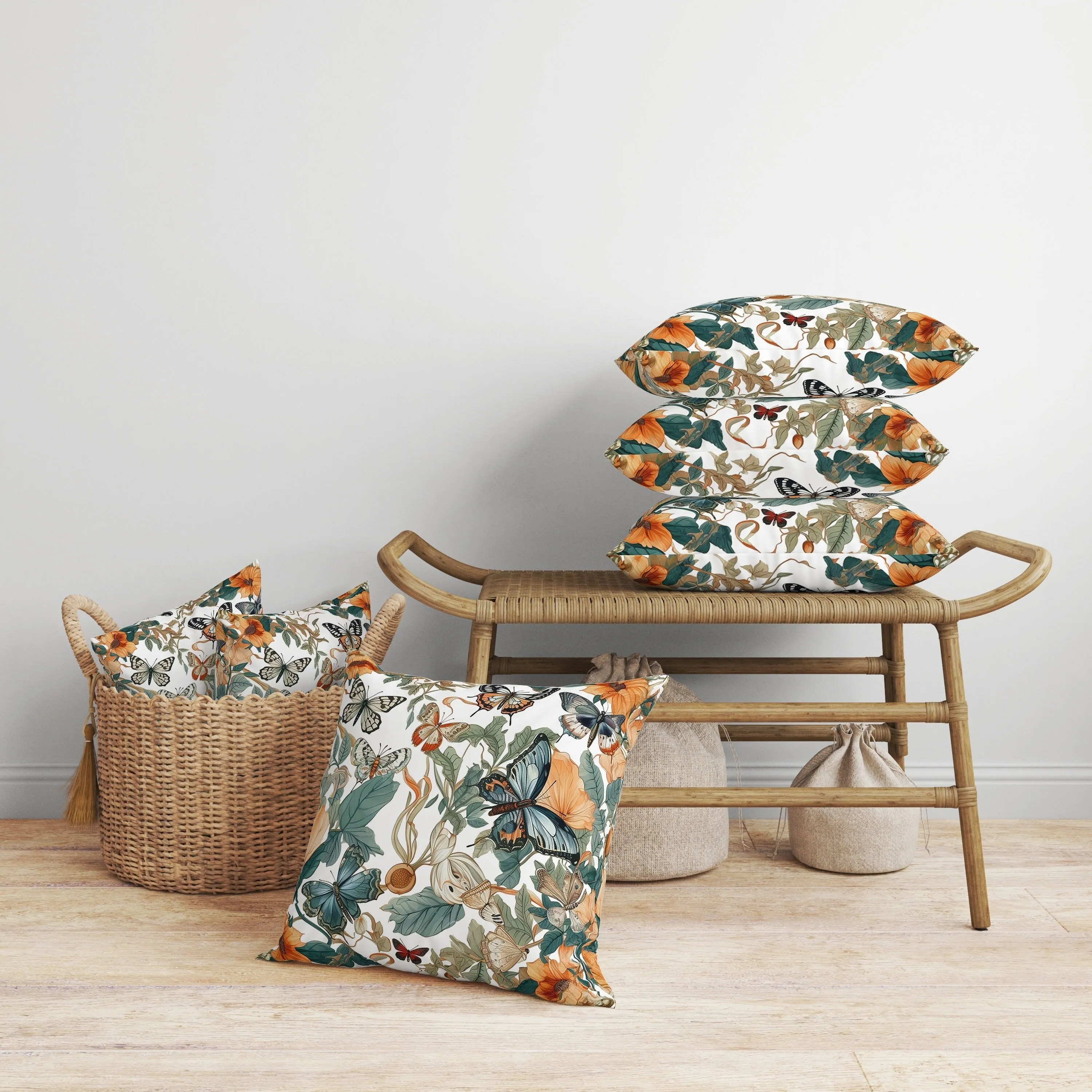 Butterfly Haven Faux Suede Reversible Throw Pillow White and Blue