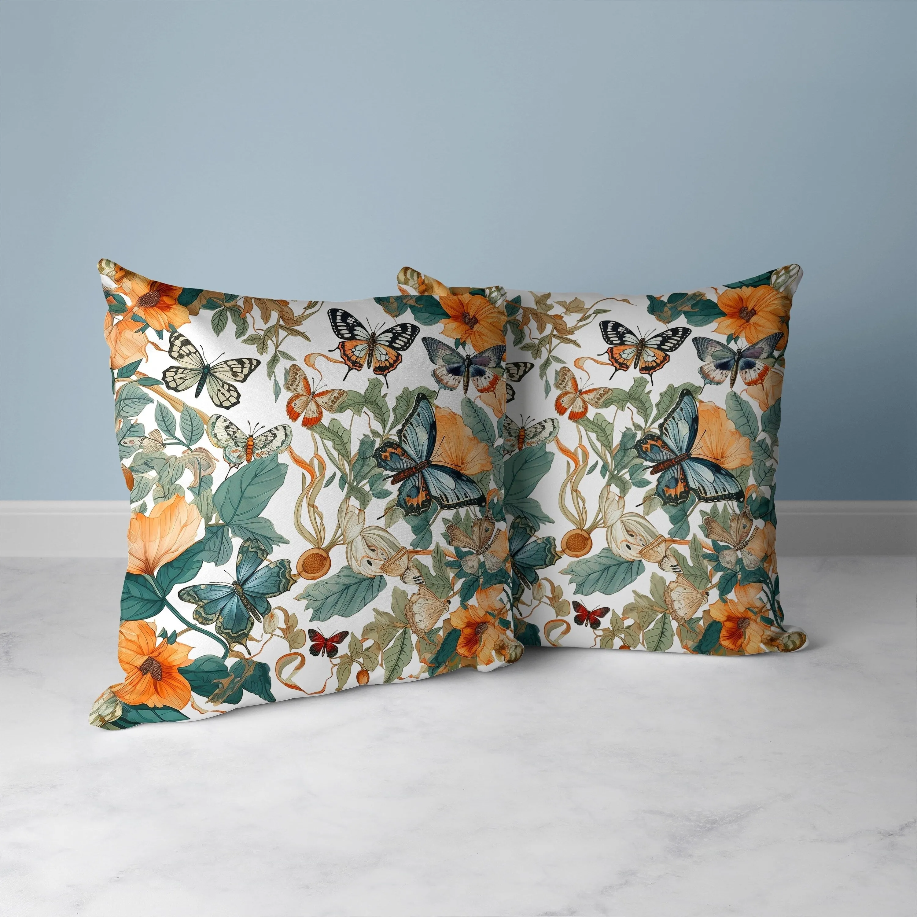 Butterfly Haven Faux Suede Reversible Throw Pillow White and Blue