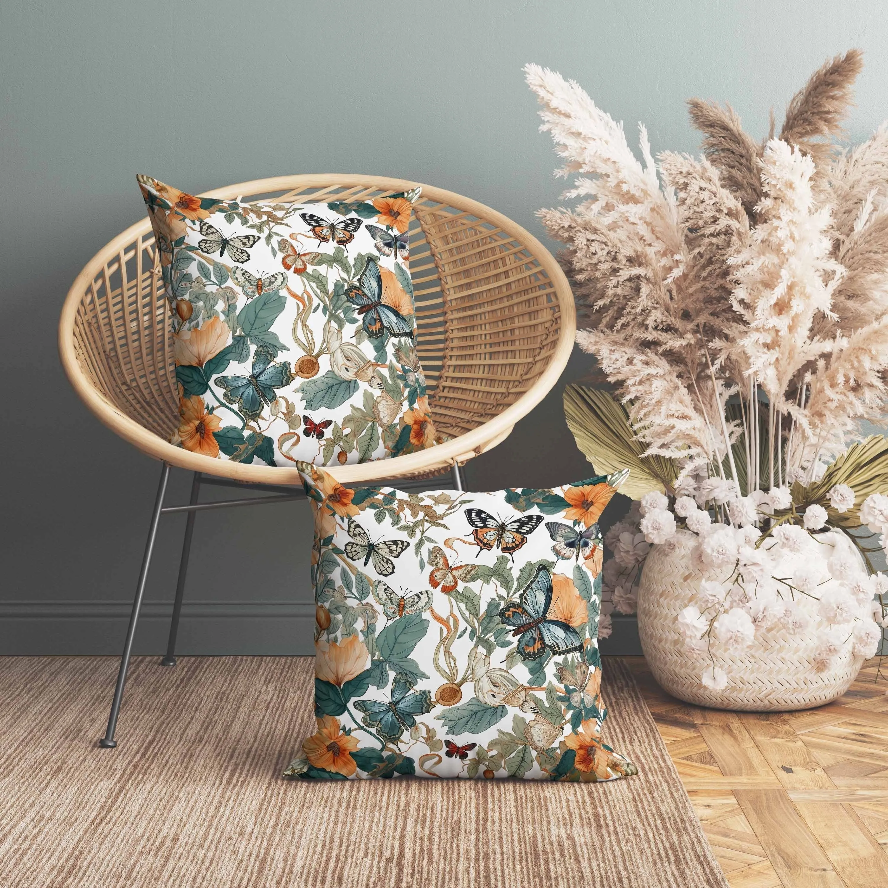 Butterfly Haven Faux Suede Reversible Throw Pillow White and Blue