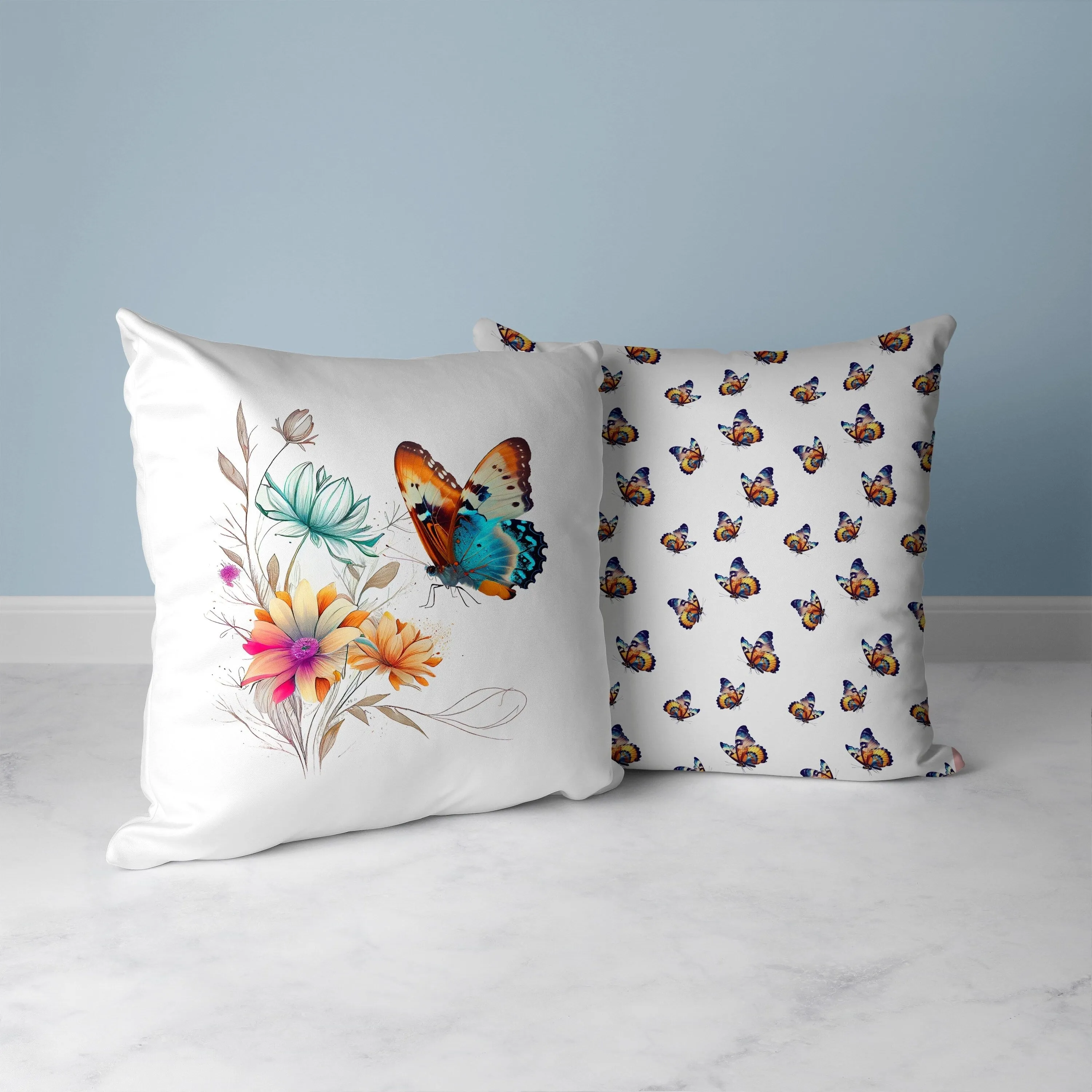 Butterfly's Floral Journey Faux Suede Reversible Throw Pillow White and Orange