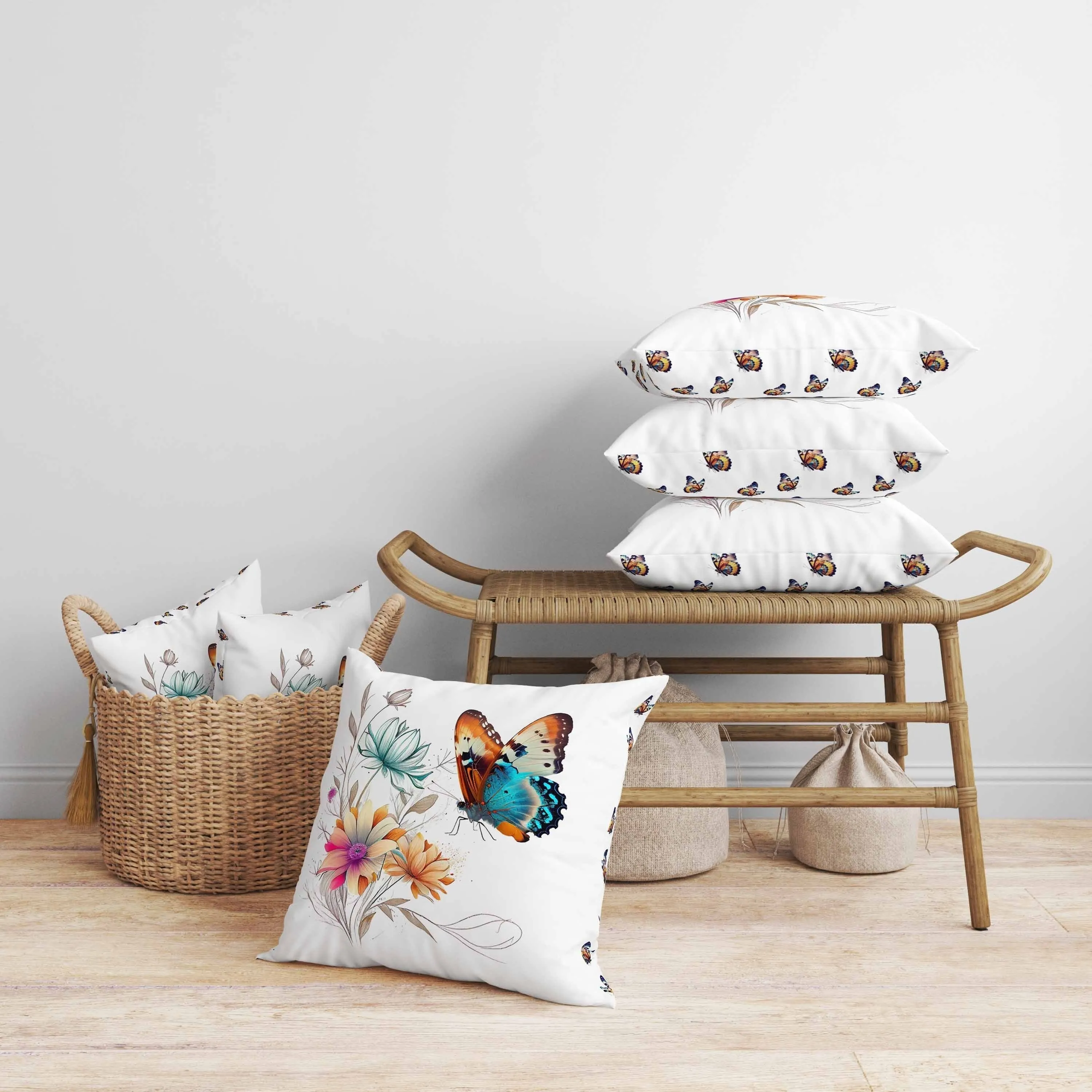 Butterfly's Floral Journey Faux Suede Reversible Throw Pillow White and Orange