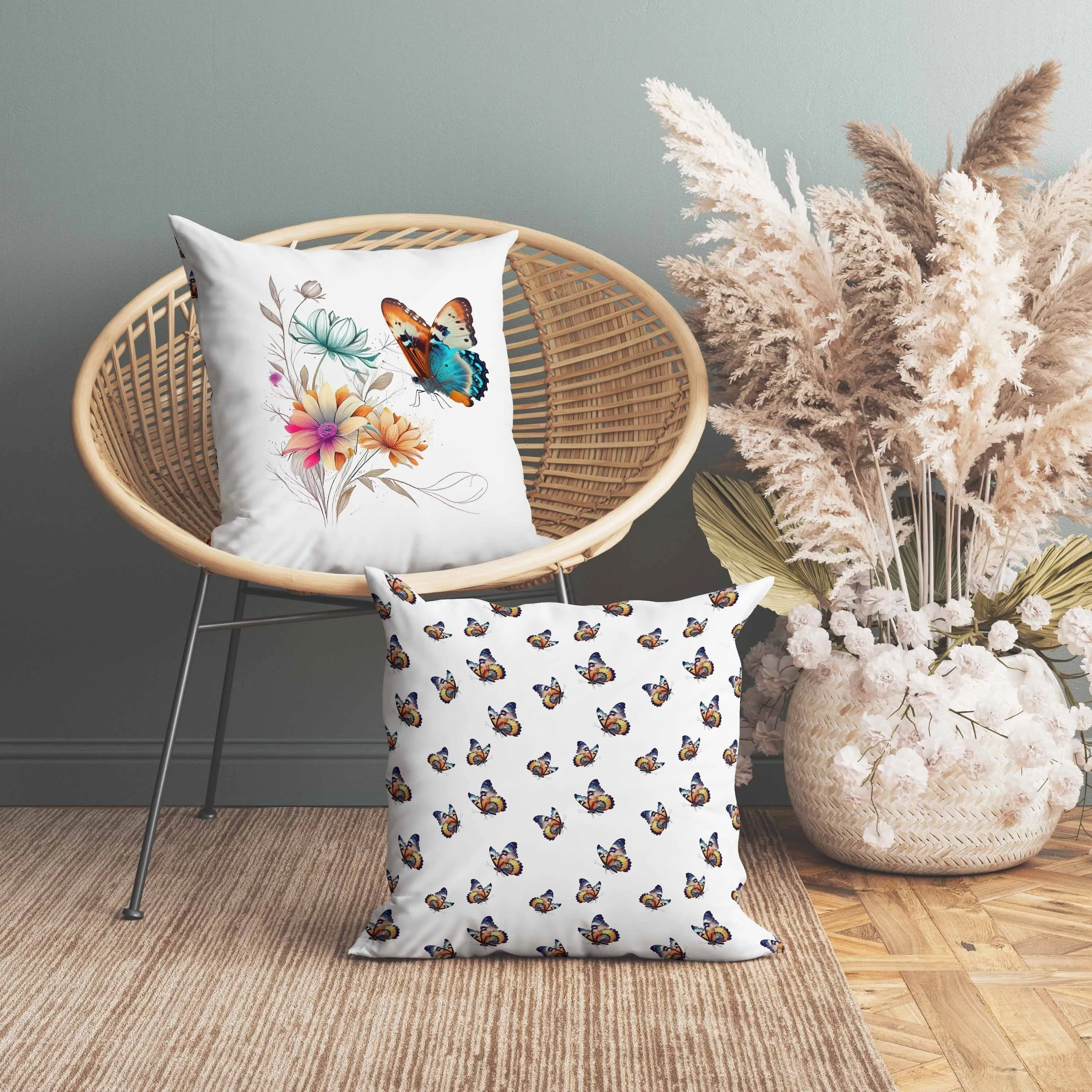 Butterfly's Floral Journey Faux Suede Reversible Throw Pillow White and Orange