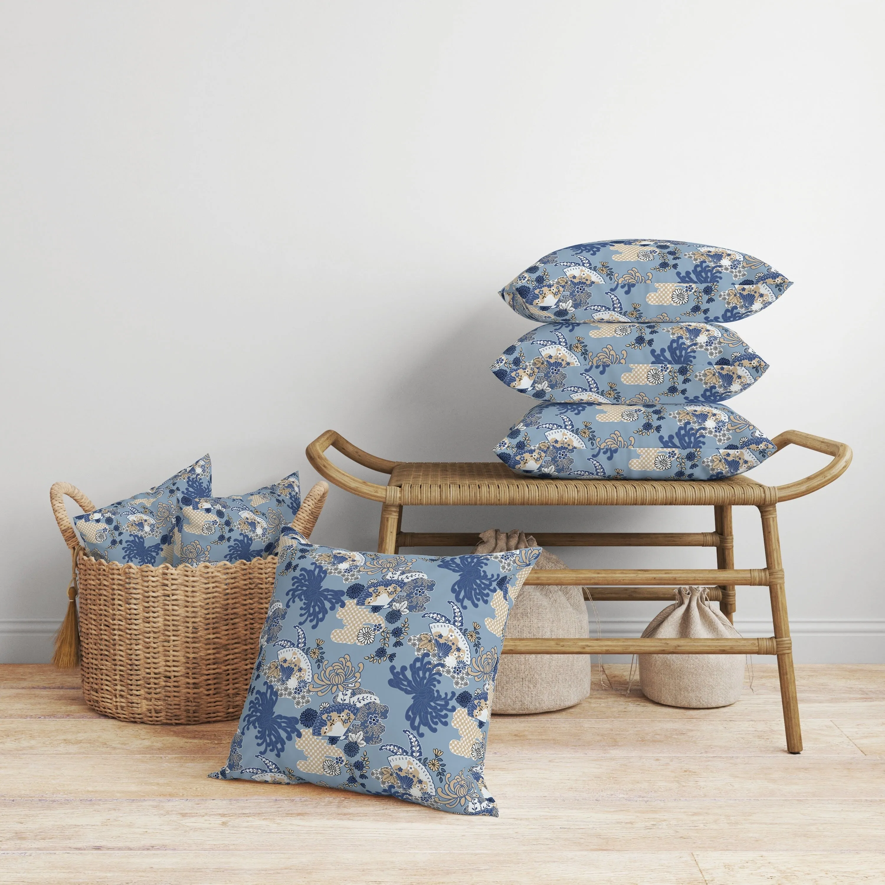 Checkered Waves Faux Suede Reversible Throw Pillow Blue and Peach