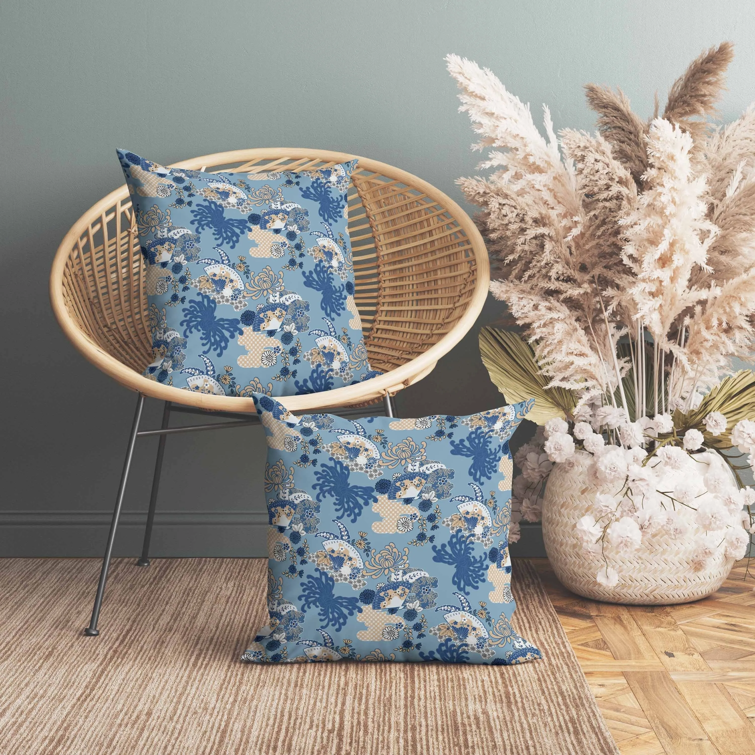 Checkered Waves Faux Suede Reversible Throw Pillow Blue and Peach