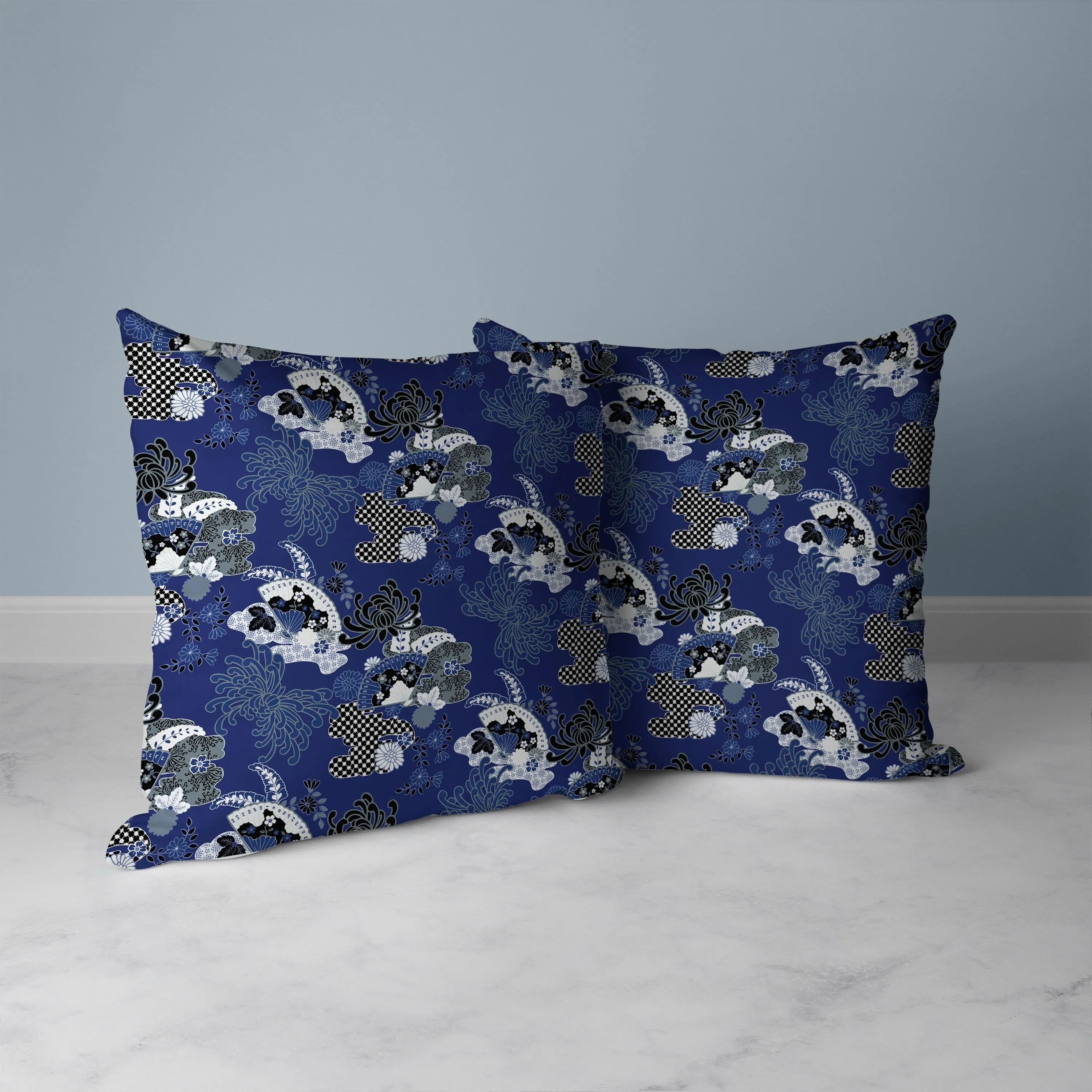 Checkered Waves Faux Suede Reversible Throw Pillow Blue and White