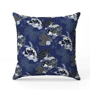 Checkered Waves Faux Suede Reversible Throw Pillow Blue and White