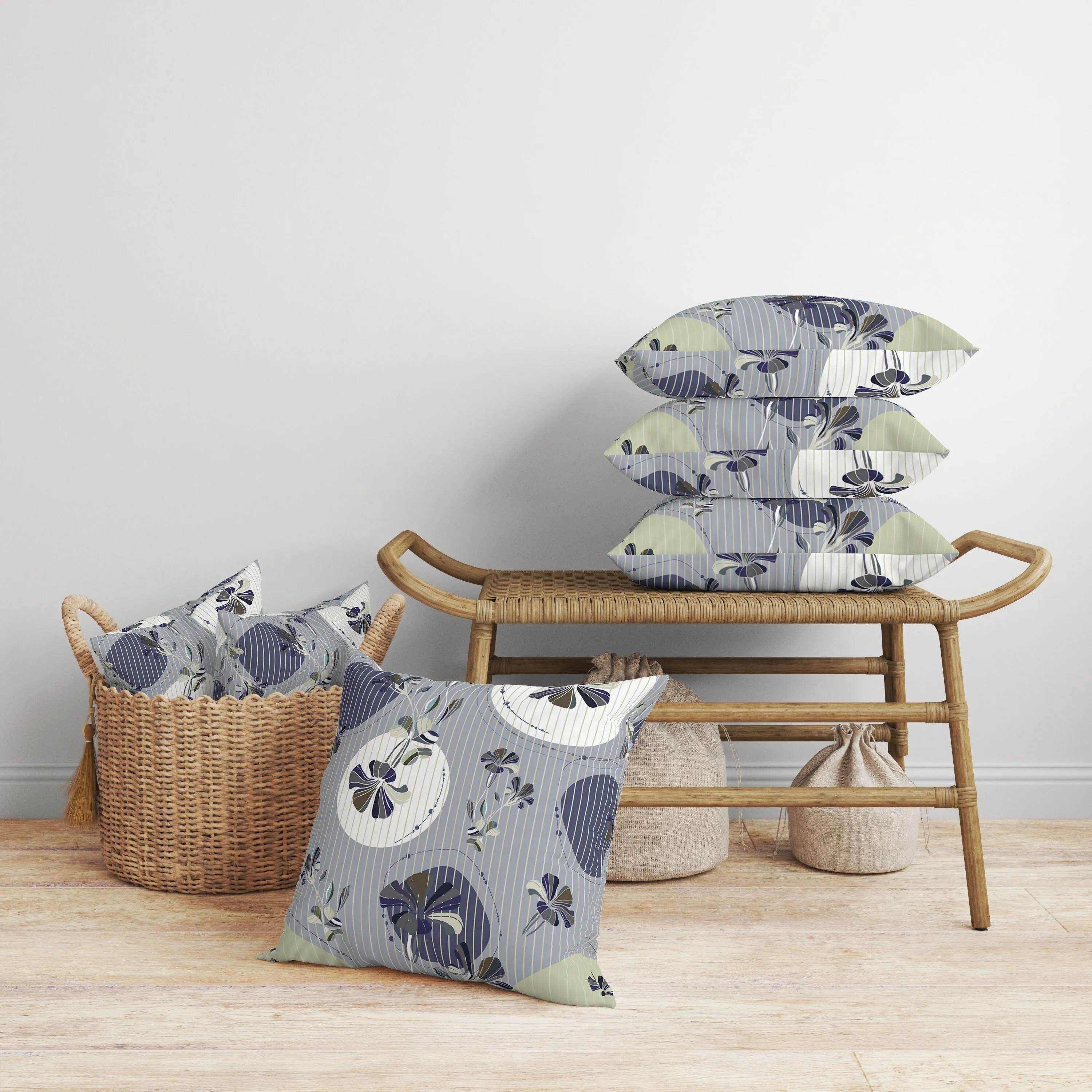 Circular Garden Faux Suede Reversible Throw Pillow Gray and Blue