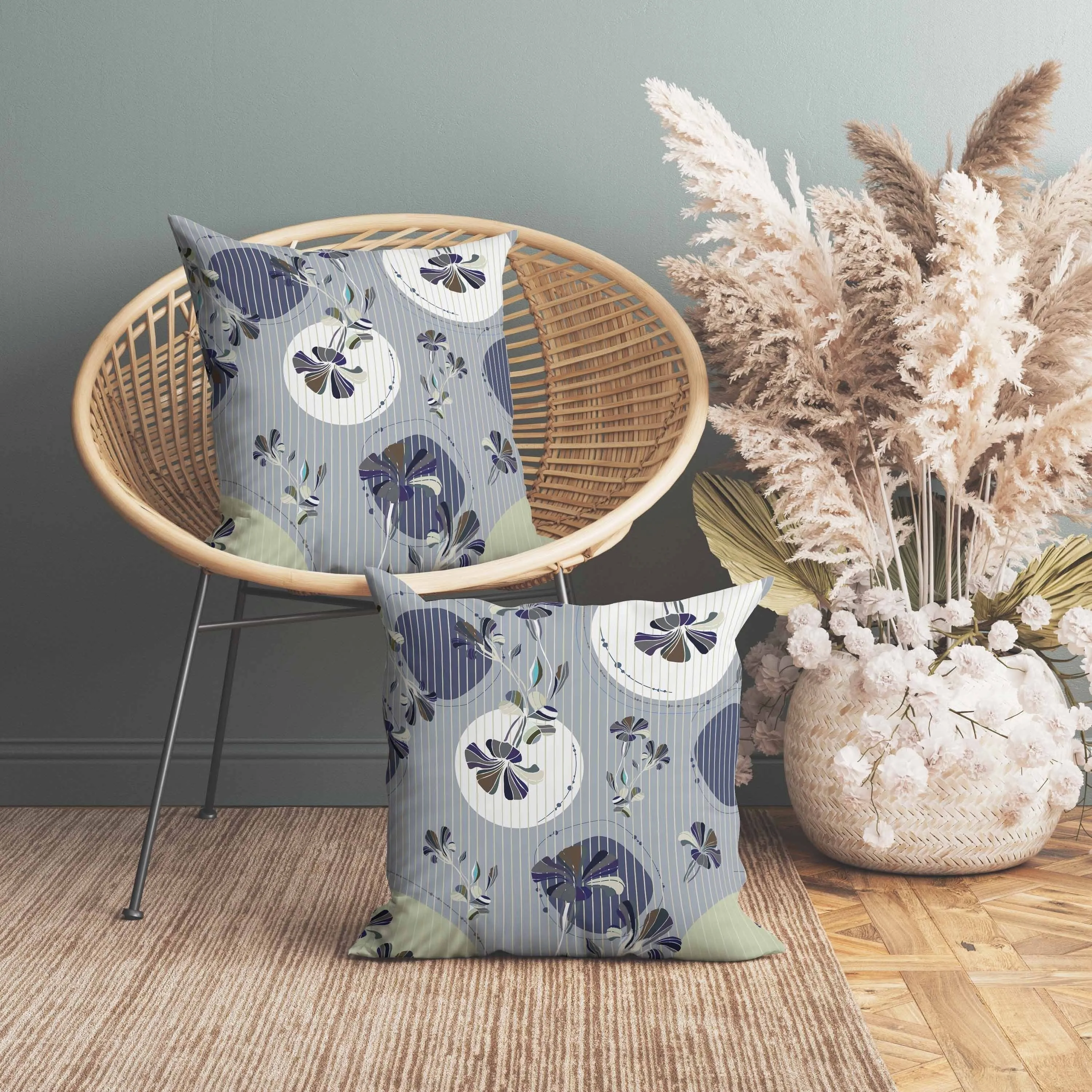 Circular Garden Faux Suede Reversible Throw Pillow Gray and Blue