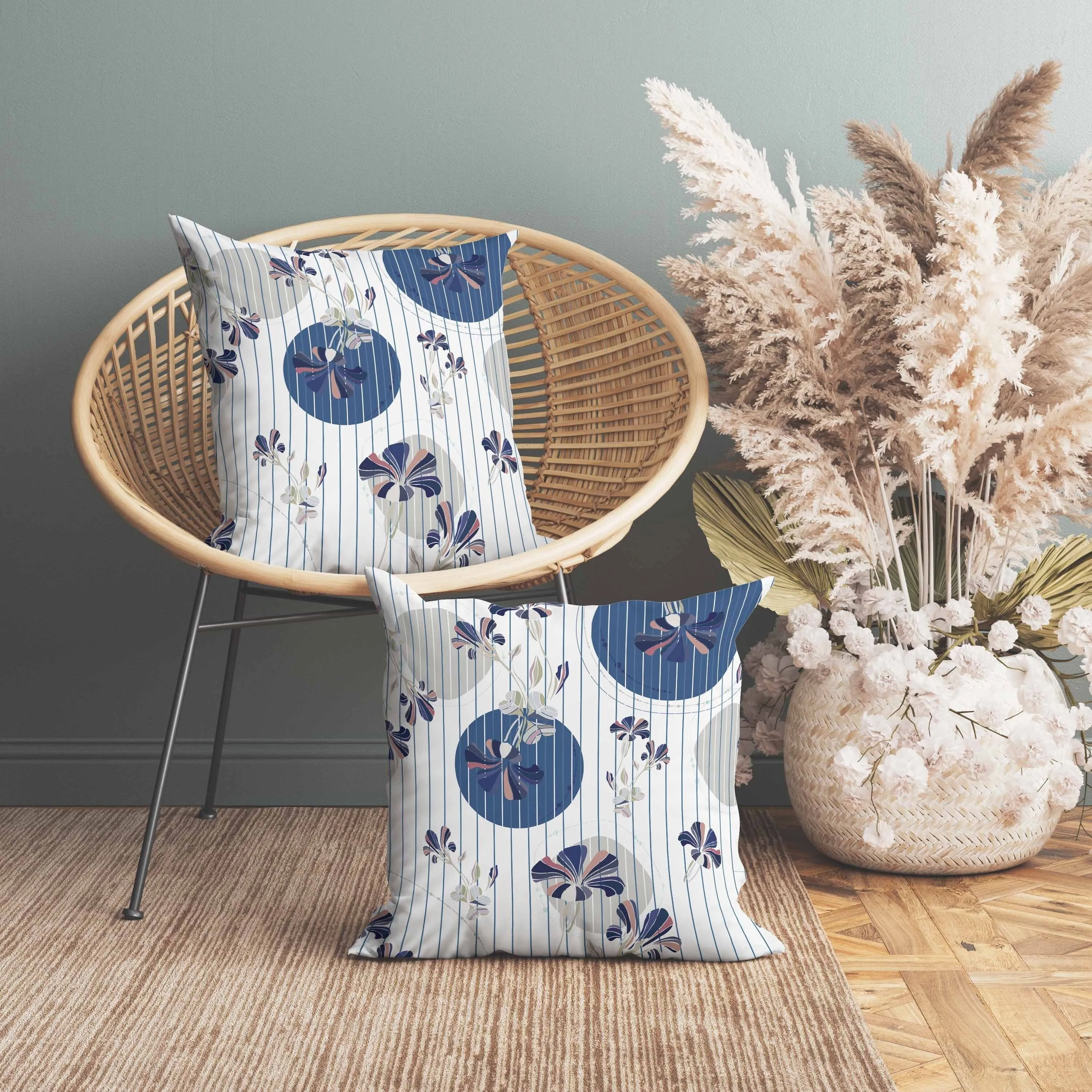 Circular Garden Faux Suede Reversible Throw Pillow White and Blue