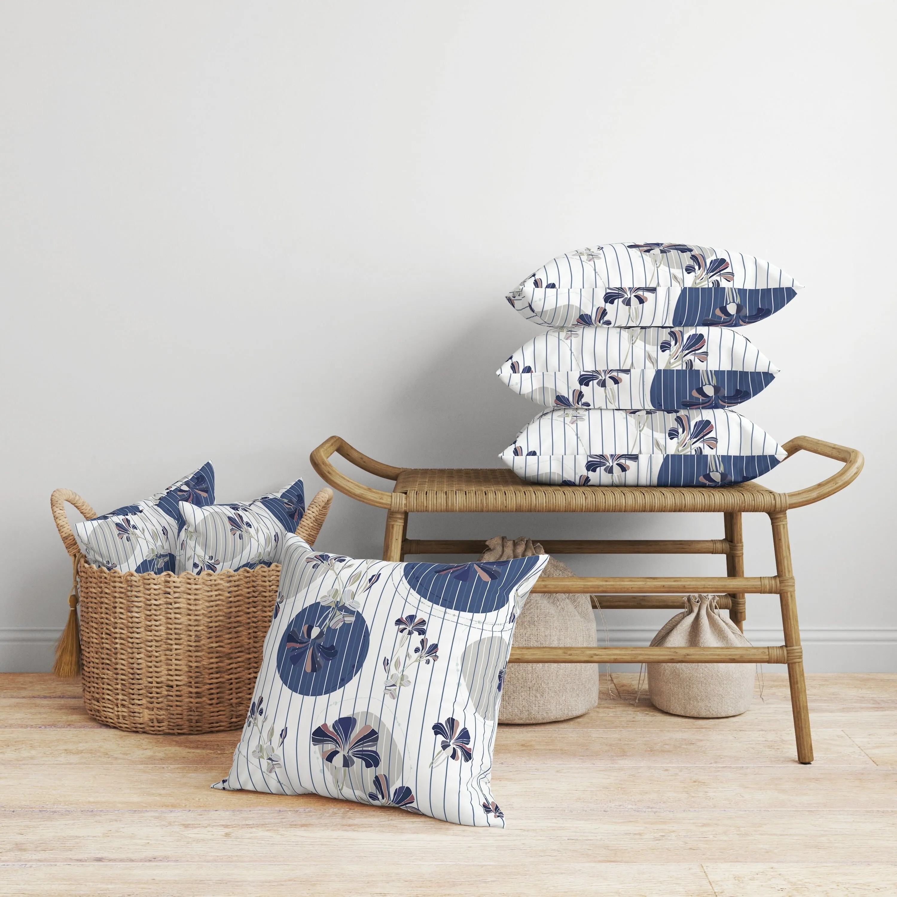 Circular Garden Faux Suede Reversible Throw Pillow White and Blue
