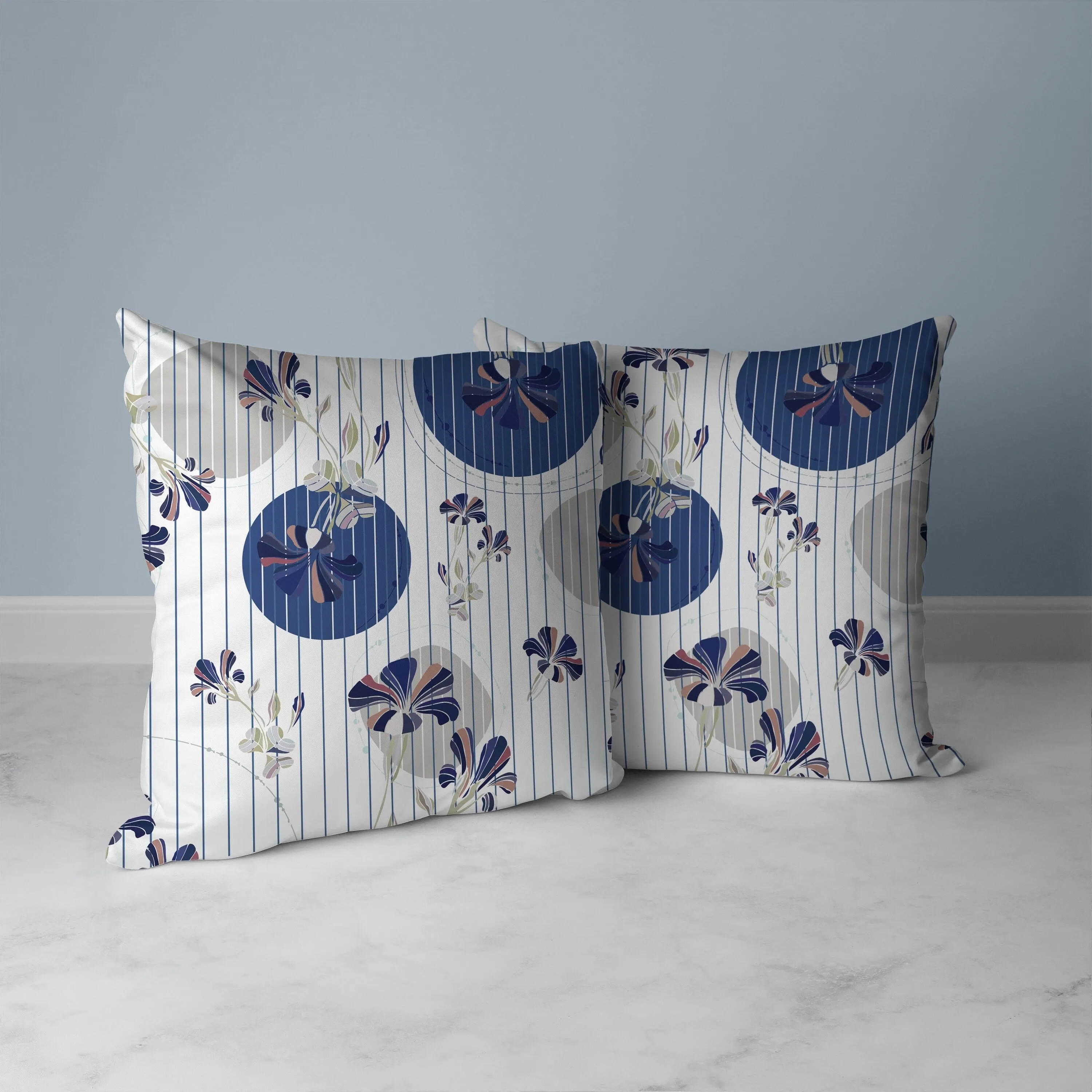 Circular Garden Faux Suede Reversible Throw Pillow White and Blue