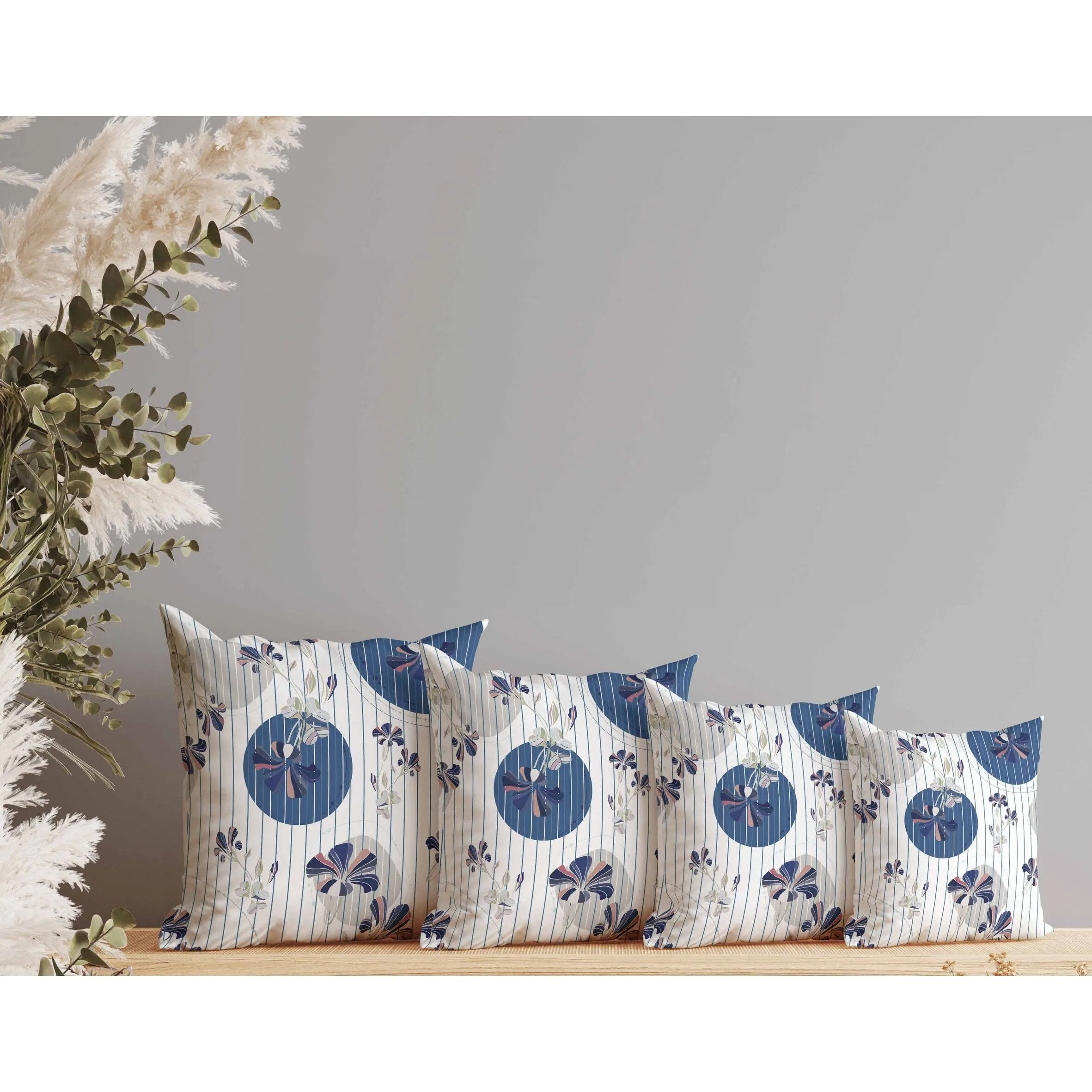 Circular Garden Faux Suede Reversible Throw Pillow White and Blue
