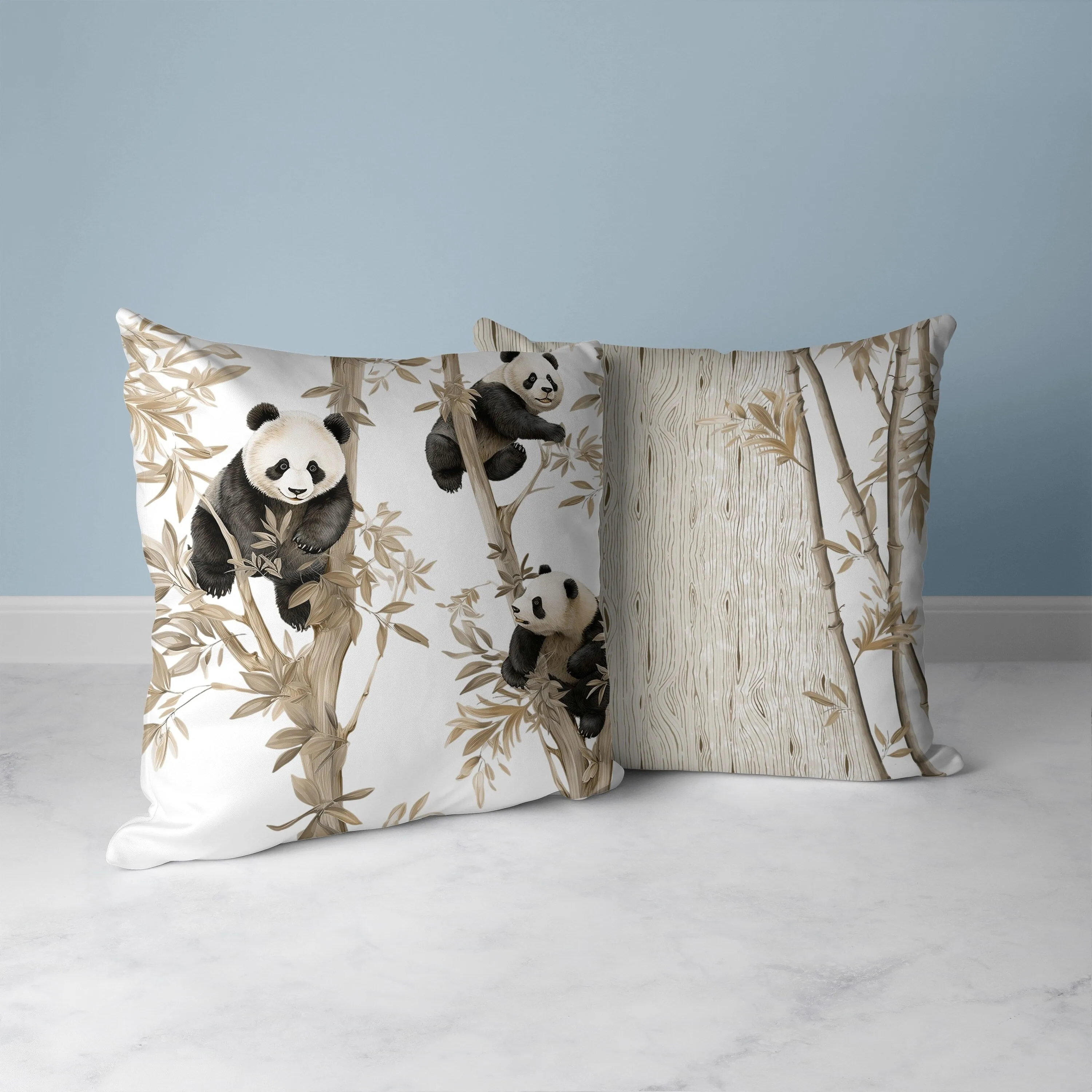 Climbing Panda Faux Suede Reversible Throw Pillow Beige and Black