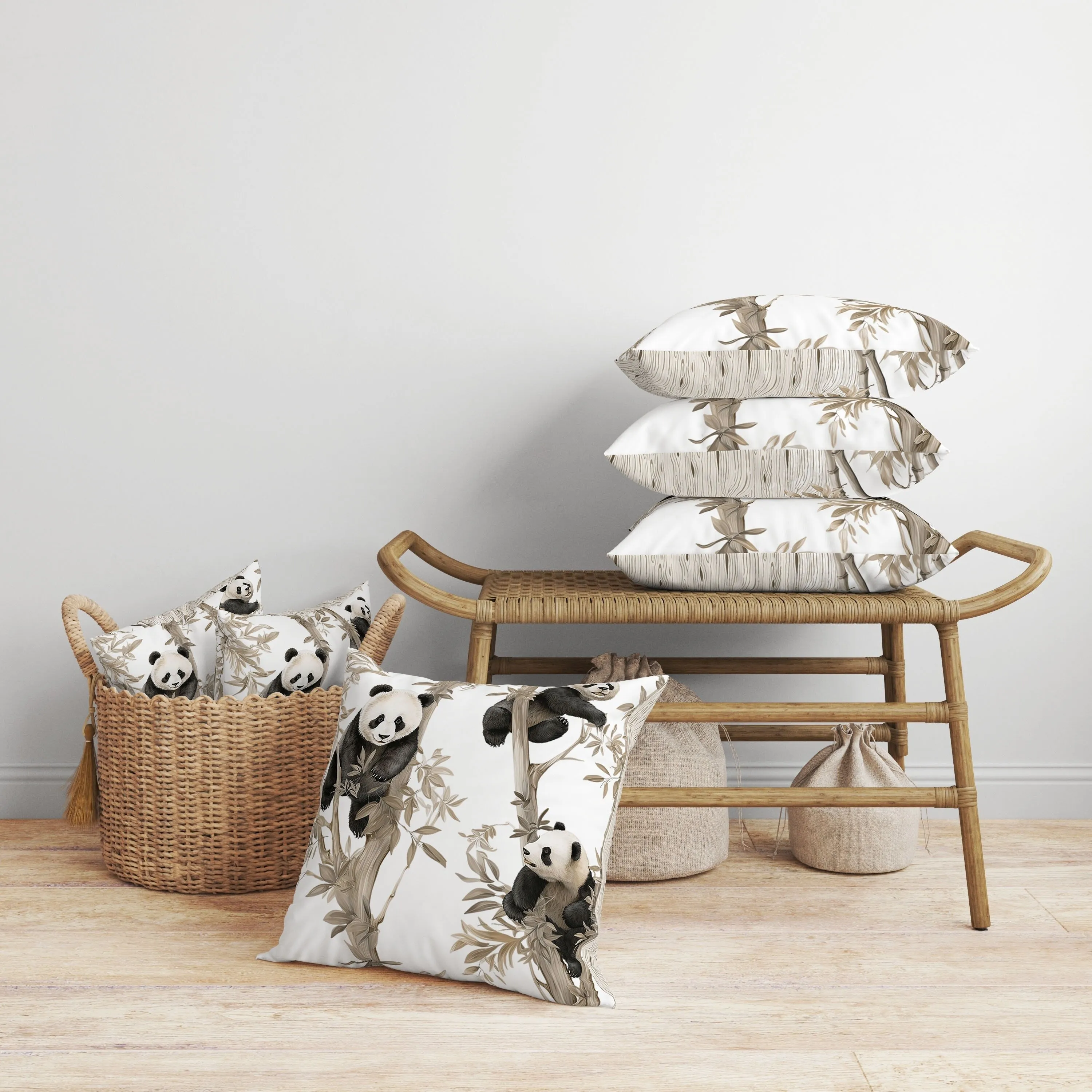Climbing Panda Faux Suede Reversible Throw Pillow Beige and Black